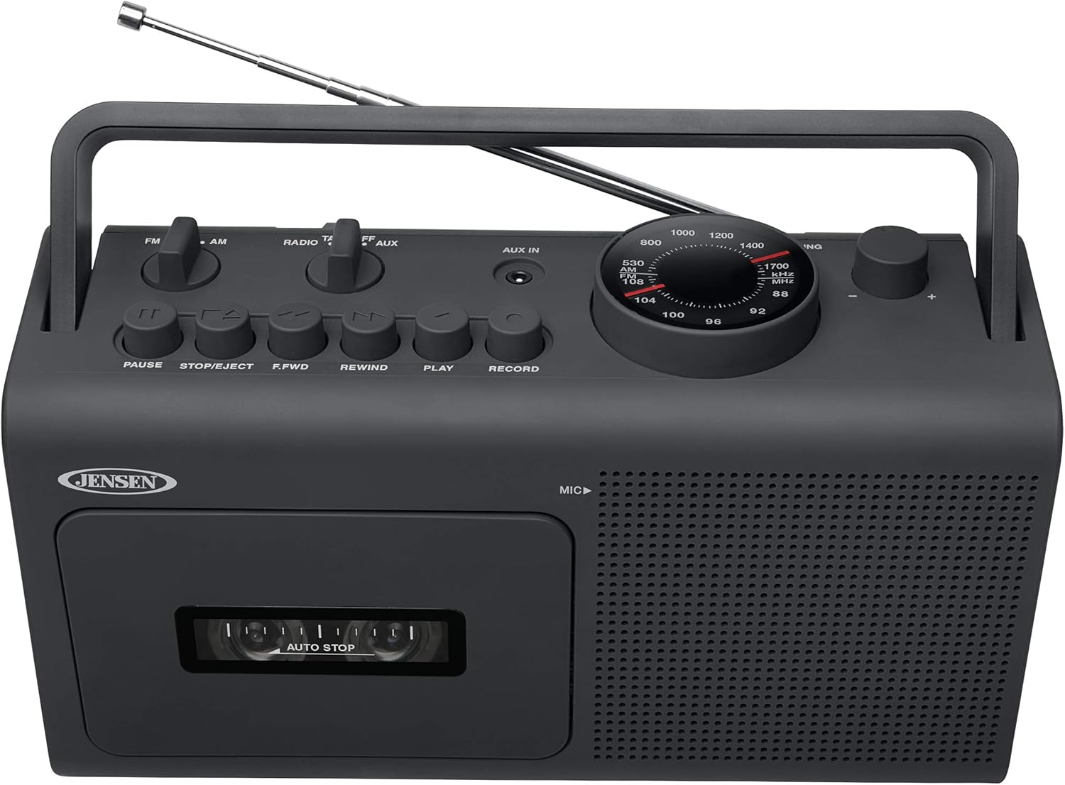 FM AM RADIO /- FF AUX IN 1000 1200 1400 NG 530 700 1 AM FOS KHE 108 MHZ 80 104 92 100 96 PAUSE STOP/EJECT F.FWD REWIND PLAY RECORD JENSEN EN MIC AUTO STOP