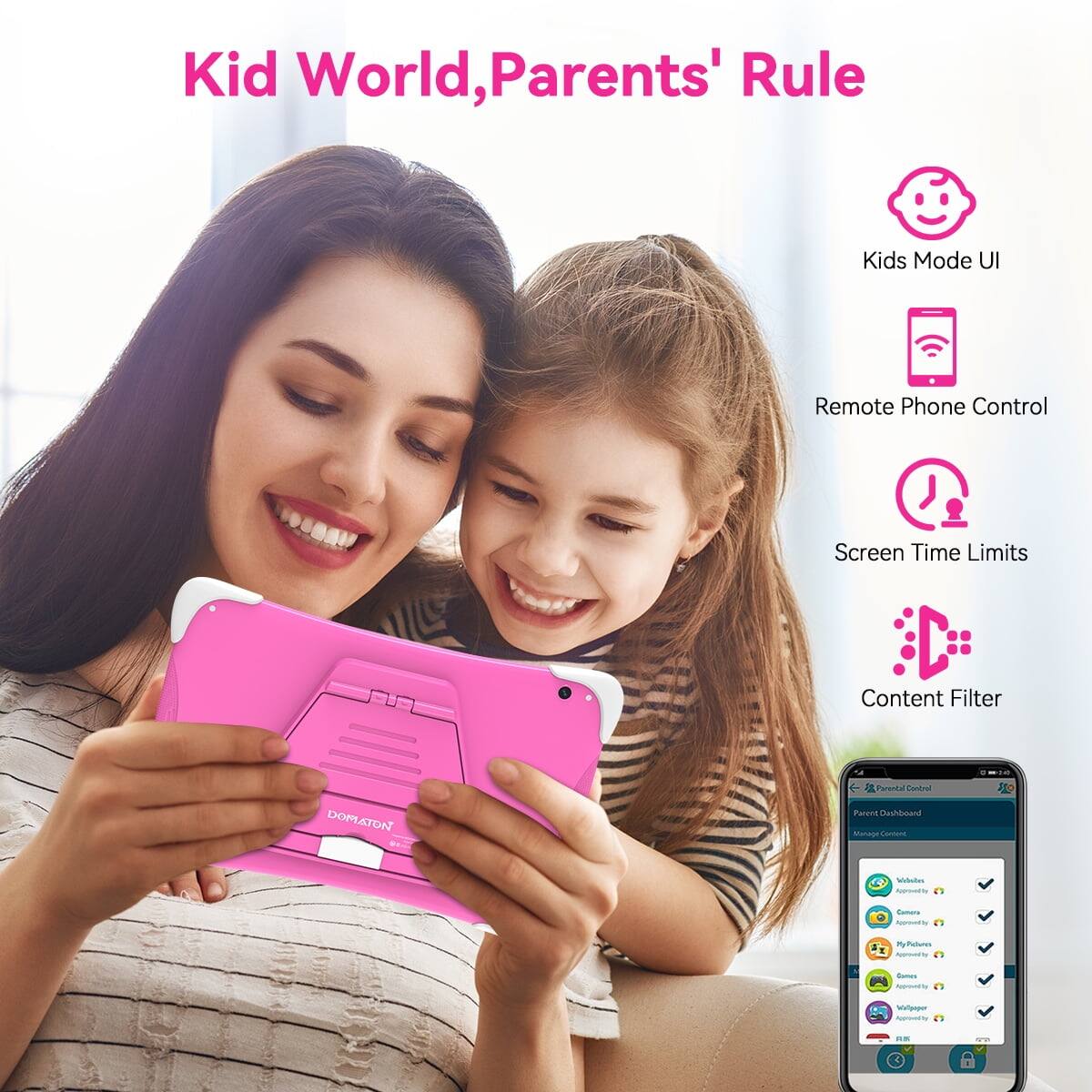 Kid World, Parents' Rule

Kids Mode UI
Remote Phone Control
Screen Time Limits
Content Filter

Parental Control
Parent Dashboard
Manage Content

- Welcome
- Camera
- Play Store
- Games
- YouTube