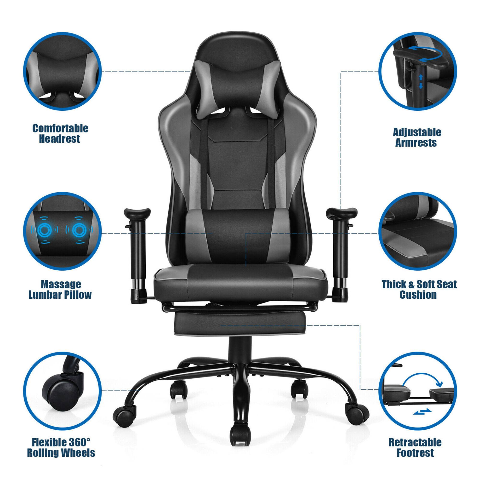 - Comfortable Headrest
- Adjustable Armrests
- Massage Lumbar Pillow
- Thick & Soft Seat Cushion
- Flexible 360° Rolling Wheels
- Retractable Footrest