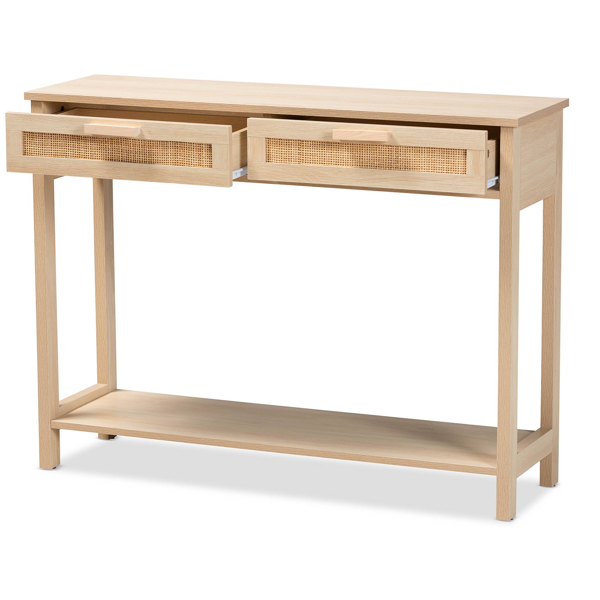 Angle. Baxton Studio - Sebille Mid-Century Modern Finished Wood 2-Drawer Console Table with Rattan - Light Brown.