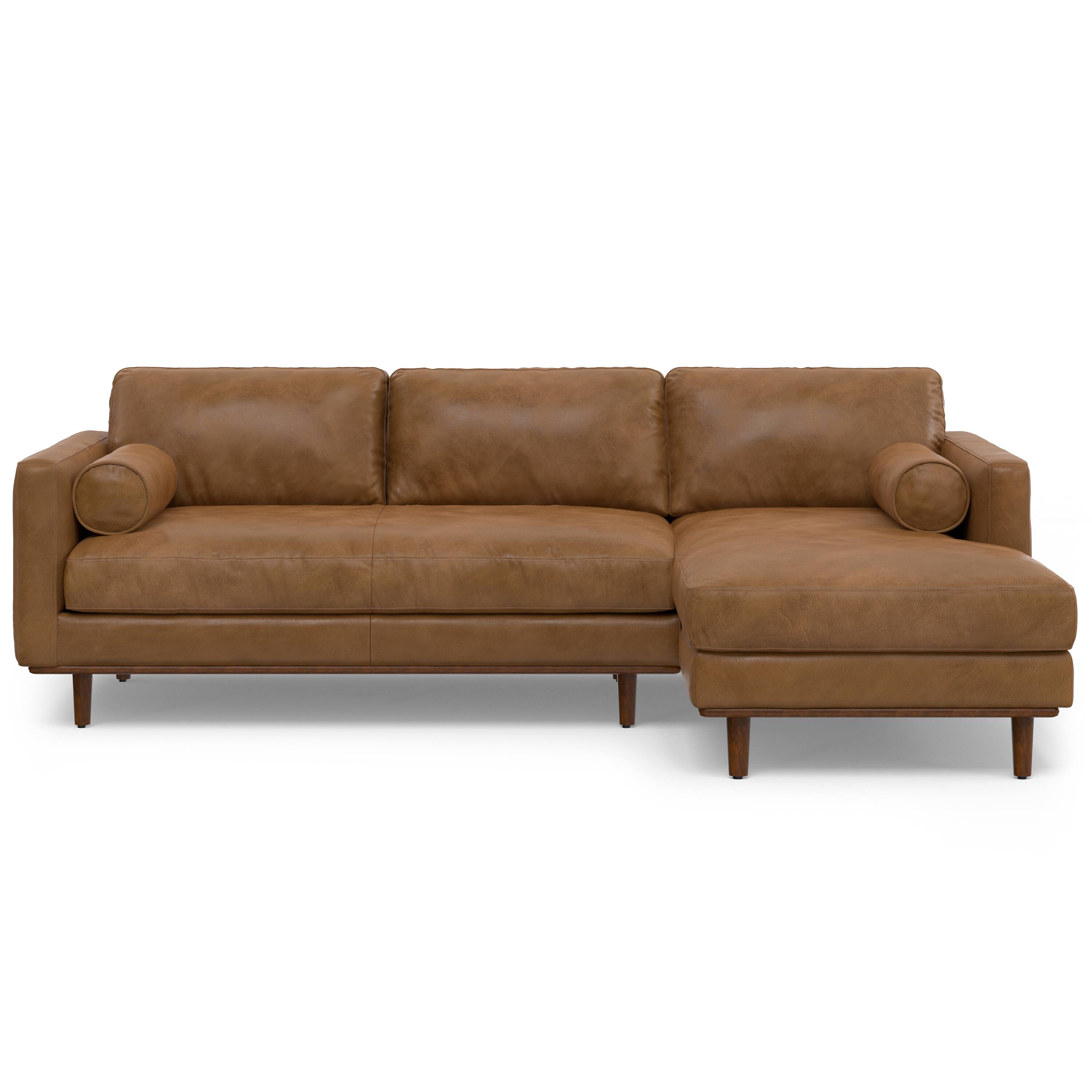 Front. Simpli Home - Morrison Mid Century Right Sectional 102 inch Wide Sofa Sectional in Caramel Brown Genuine Leather - Caramel Brown.