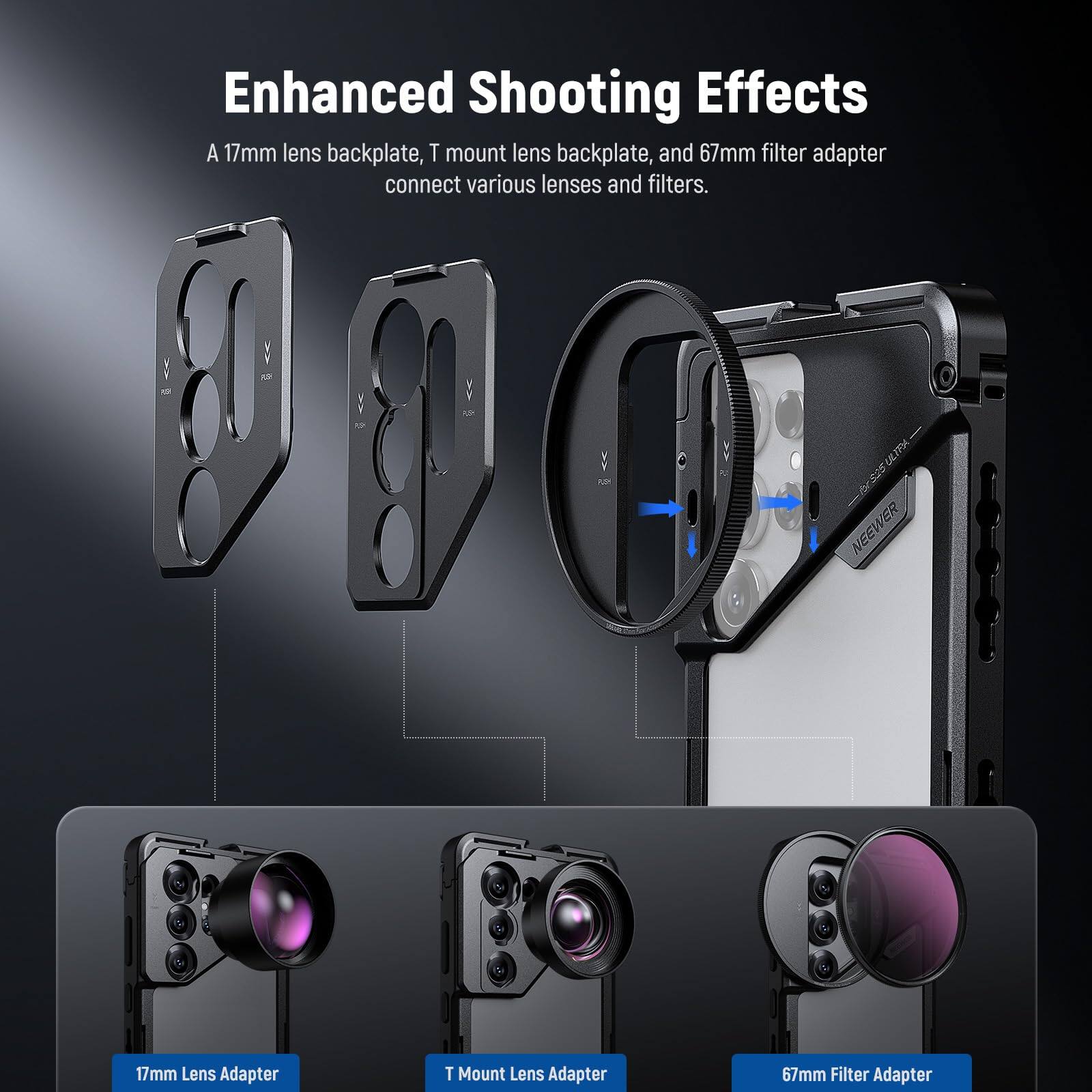 Enhanced Shooting Effects

A 17mm lens backplate, T mount lens backplate, and 67mm filter adapter connect various lenses and filters.

1 NEEWER 35 UIP 17mm Lens Adapter T Mount Lens Adapter 67mm Filter Adapter