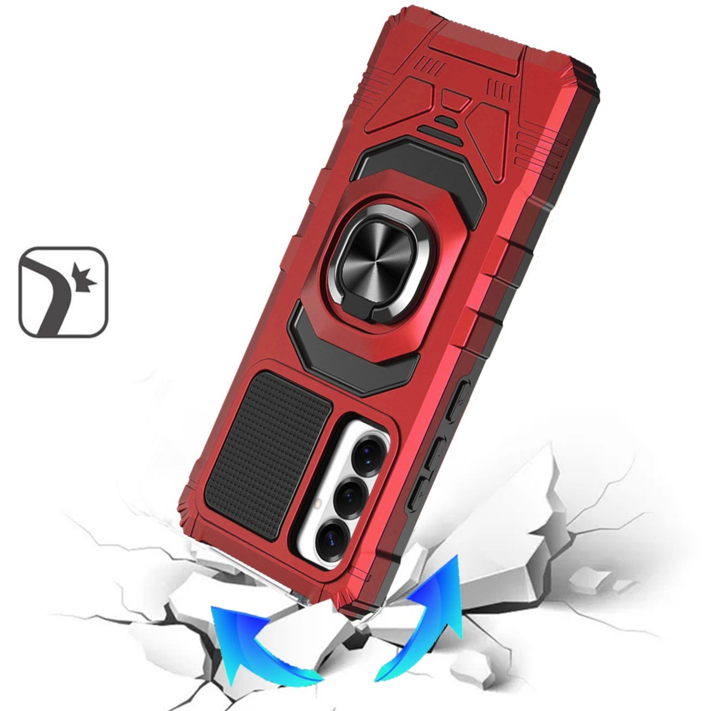 Left. Kitcheniva - Rugged Dual Layer Magnetic Ring Stand Case With Tempered Glass For Samsung S26 FE Red - Red.