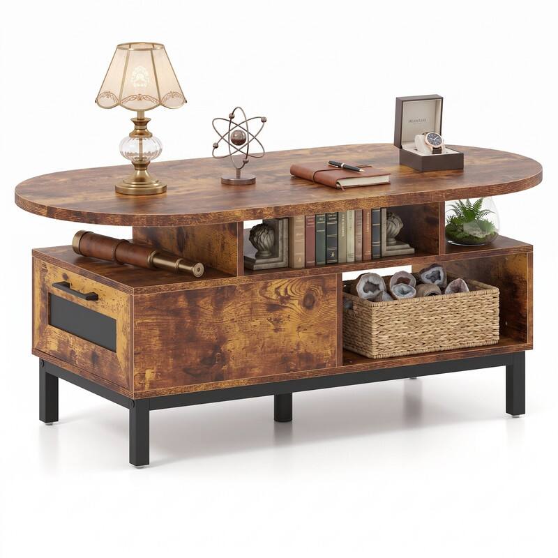 Left. WELLFOR - 47" Oval Coffee Table with Drawer & Open Compartments, Center Table Cocktail Tea Table for Living Room - Rustic Brown.