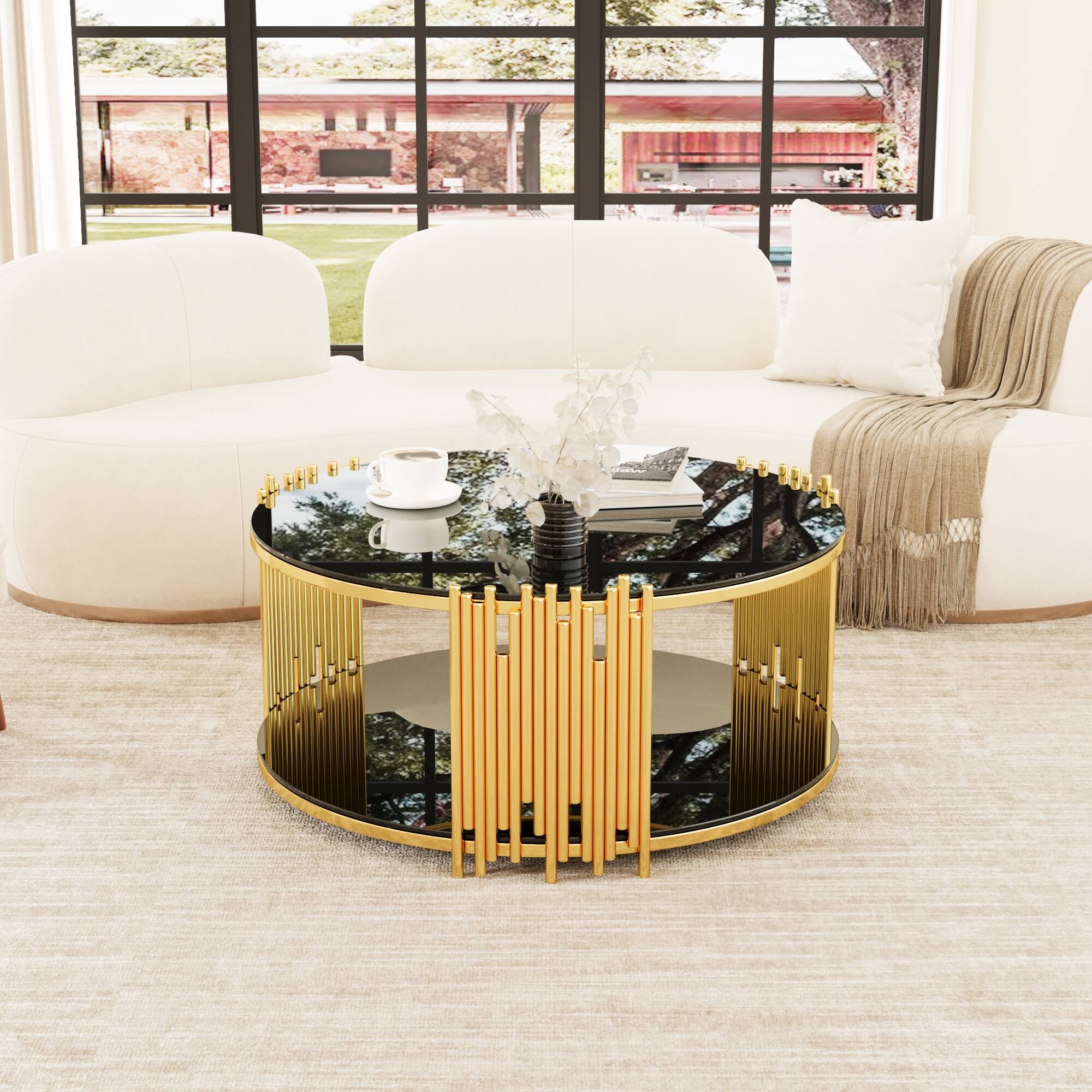 Front. APRILSOUL - Coffee Table with Dual Storage Modern Round Coffee Table with Hidden Compartment Adjustable Leveling - Black.
