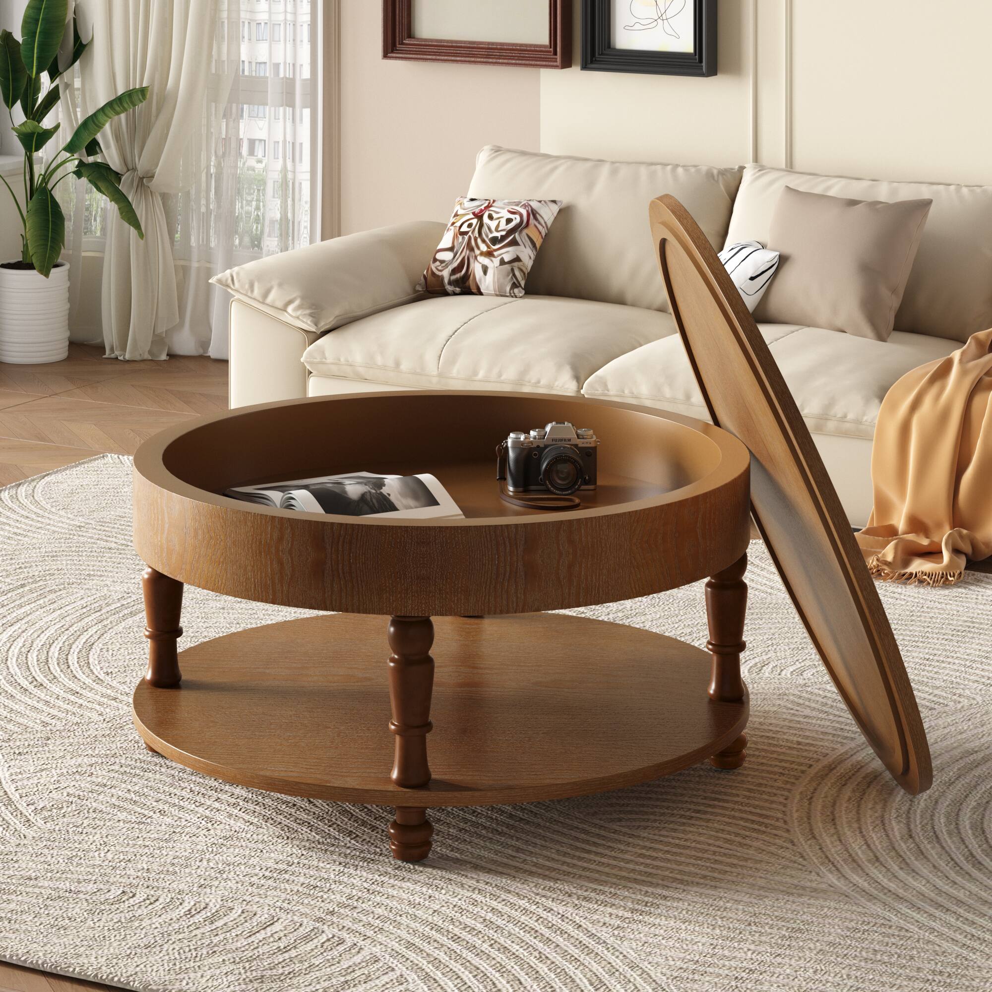 Front. APRILSOUL - Tempered Clear Glass Coffee Table 2-Layers Living Room Center Table - Brown.