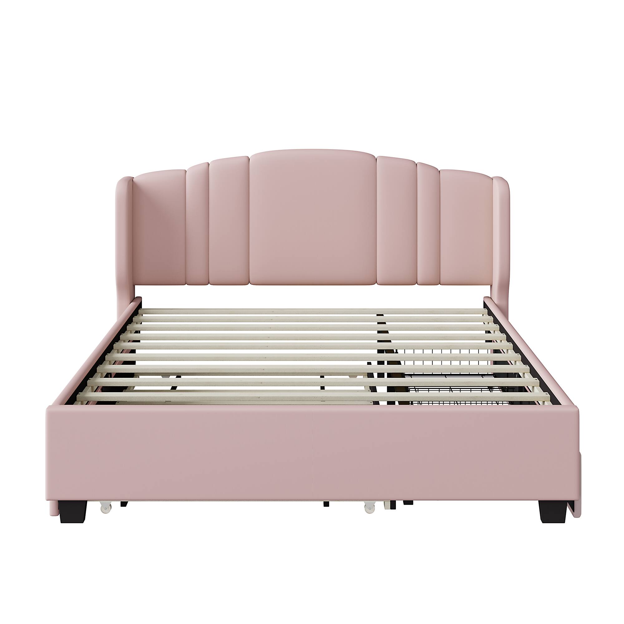 Alt View 2. APRILSOUL - Upholstered Platform Bed with Wingback Headboard One Twin Trundle and 2 Drawers No Box Spring Needed Queen Size Pink - Pink.
