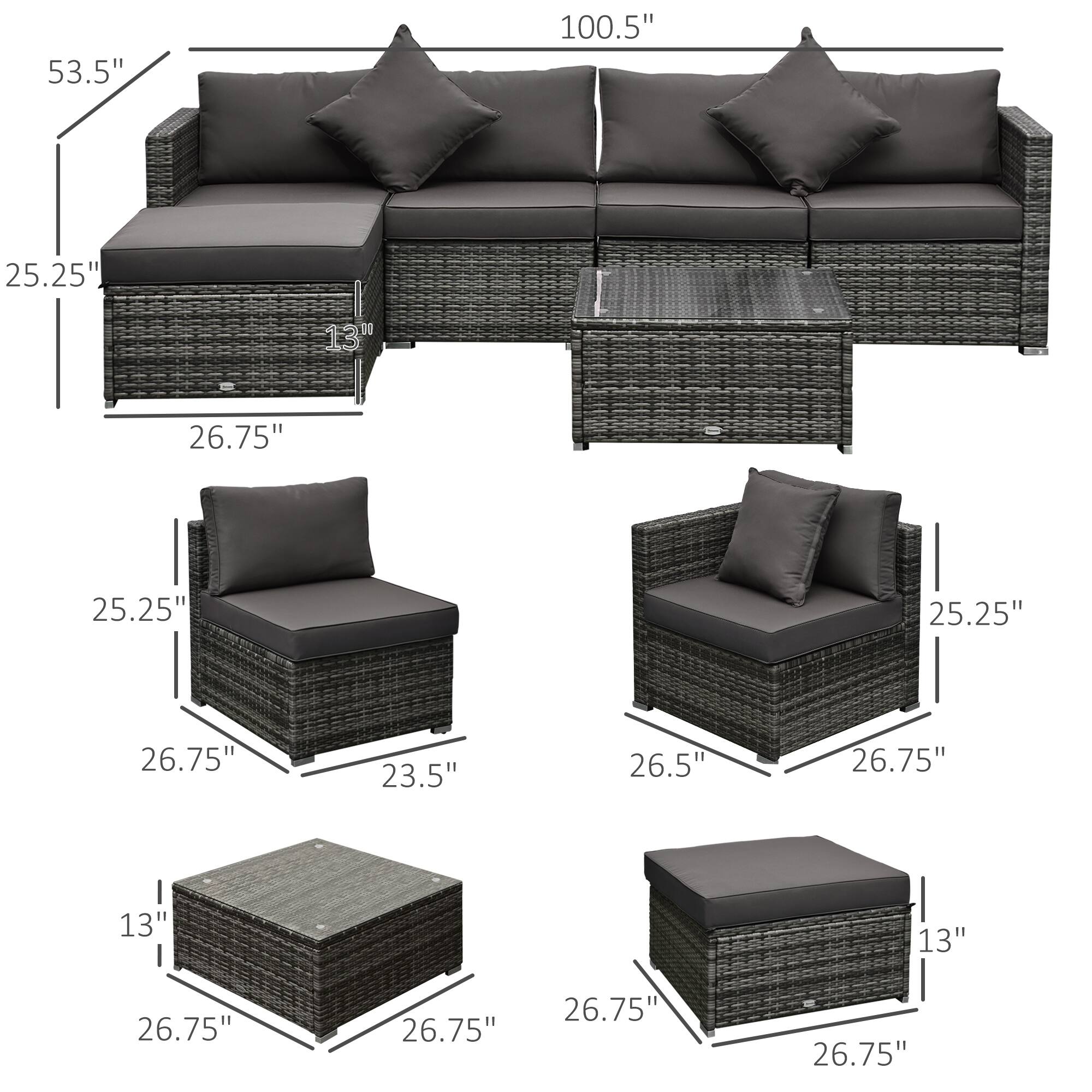 The text can be grouped as follows:

- Sofa: 100.5", 53.5", 25.25", 26.75"
- Armchair: 25.25", 26.75", 23.5"
- Ottoman: 13", 26.75"