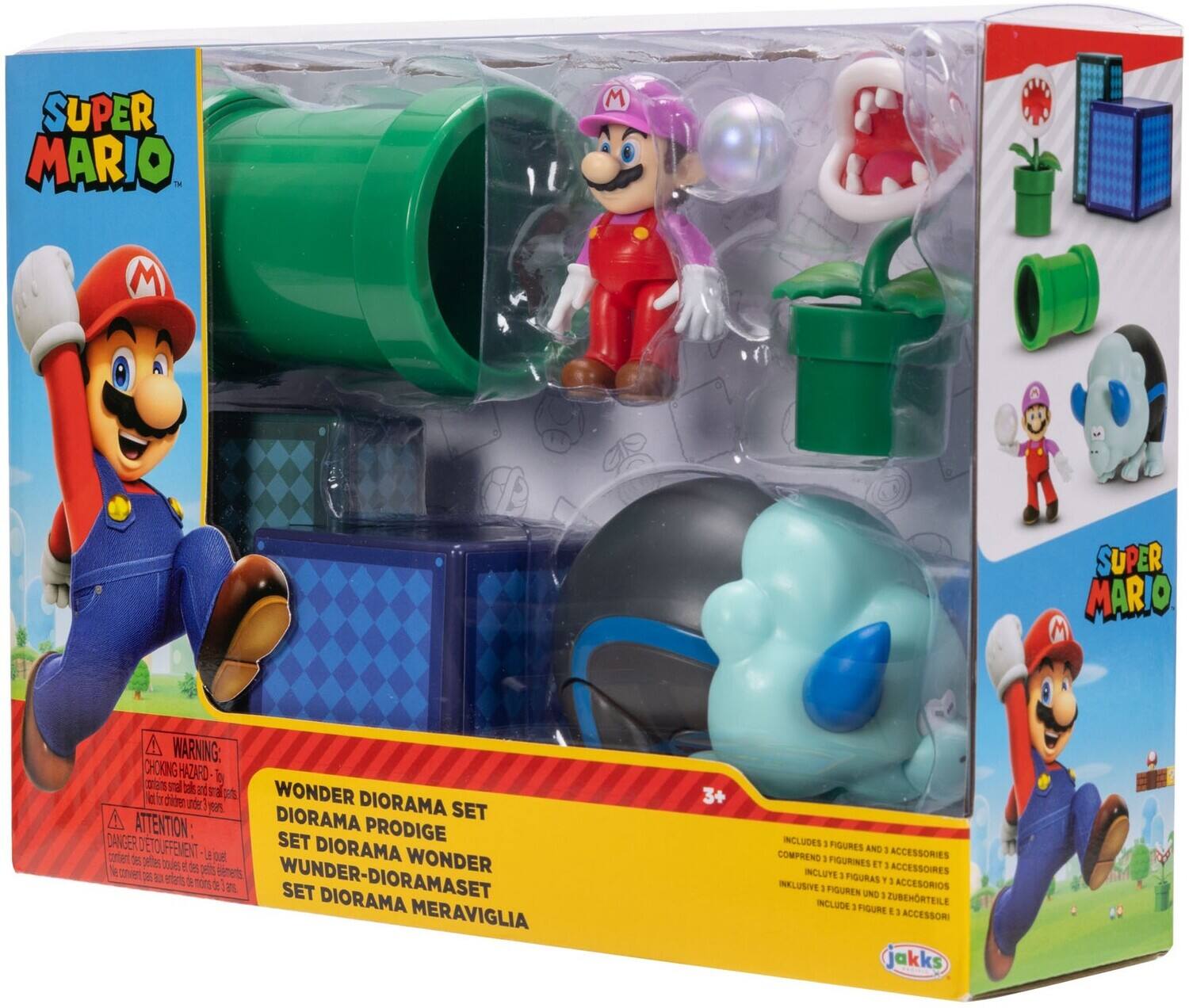 SUPER MARIO  
M  
M  
SUPER MARIO M  
WARNING: CHOKING HAZARD Toy contains small balls and small parts.  
WONDER Not for children under 3  
DIORAMA ears. SET  
ATTENTION: DIORAMA PRODIGE DANGER D'TOUFFEMENT SET DIORAMA contient des Le jouet WONDER petites bouteilles et des Ne convient 116 petits éléments, enfants de moins de 3 ans.  
WUNDER-DIORAMASET SET DIORAMA MERAVIGLIA  
INCLUDES 1 FIGURES AND 3 ACCESSORIES  
COMPREND 3 FIGURINES ET 3 ACCESSOIRES  
INCLUYE 1 FIGURAS Y 1 ACCESORIOS  
INCLUSIVE 3 FIGUREN UND 3 ZUBEHÖRTEILE  
INCLUDE 3 FIGURE E a ACCESSORI  
jakks