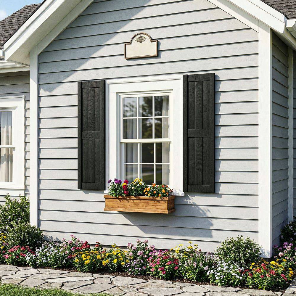 Alt View 2. Kadyn - Vertical Grain Faux Shutters, Weather-Resistant Elegance, for Enhanced Curb Appeal, 14"x31", Black - Black.