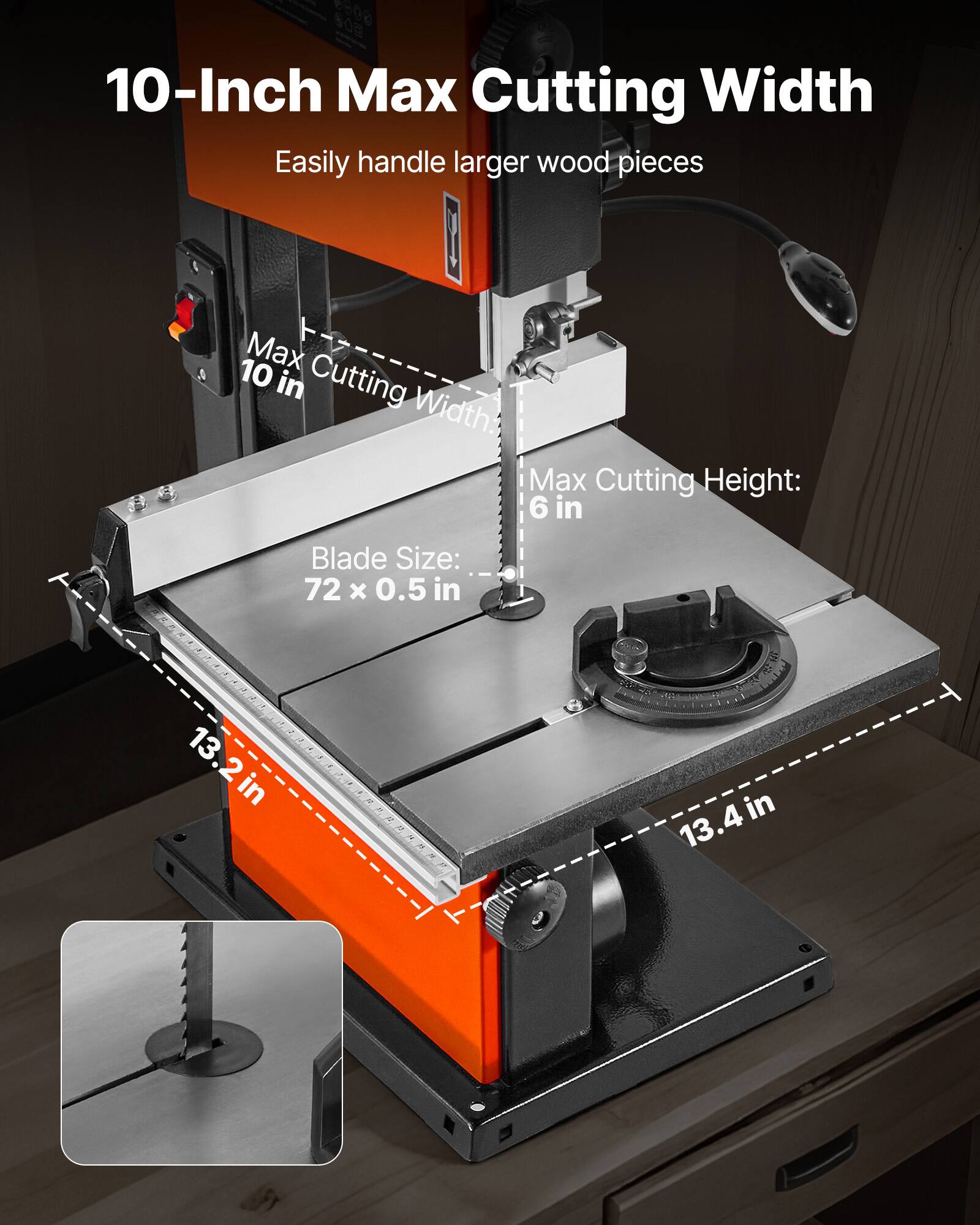 10-Inch Max Cutting Width: Easily handle larger wood pieces

Max Cutting Width: 10 in
Max Cutting Height: 6 in
Blade Size: 72 x 0.5 in

13.2 in
13.4 in