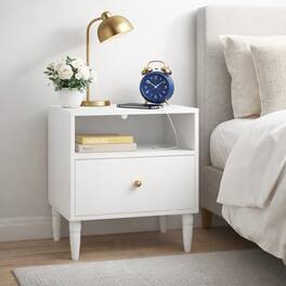 Loheer - Modern Nightstand with Drawer and Open Shelf, Gold Knob, Compact Bedroom Bedside Table - White