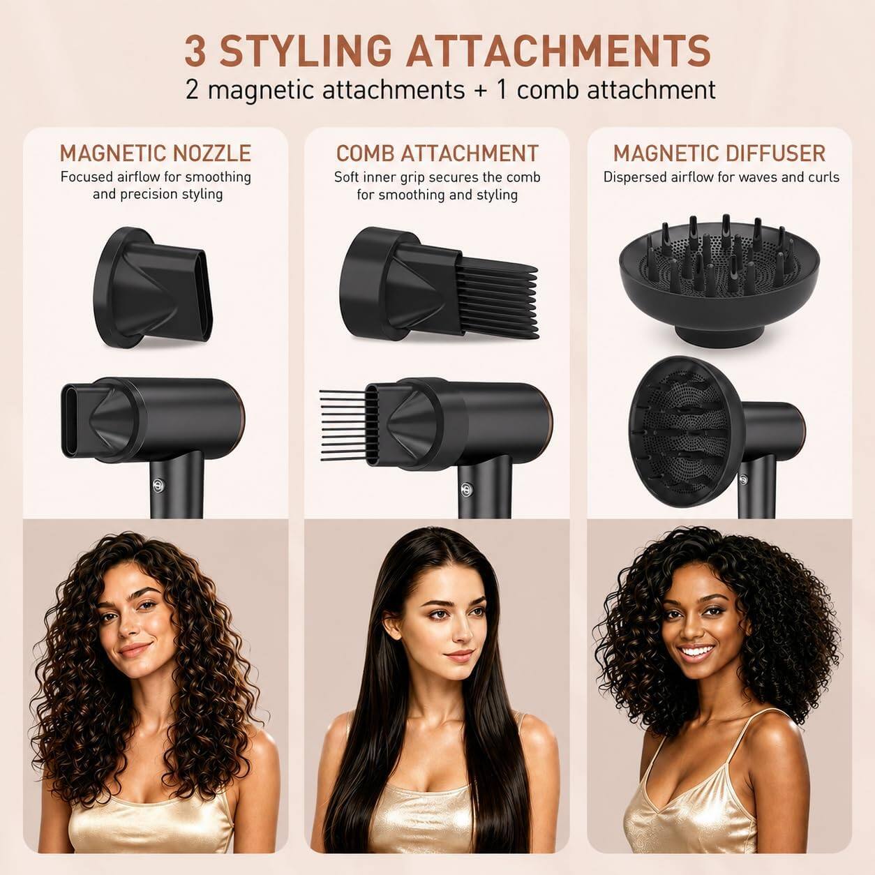 3 STYLING ATTACHMENTS  
2 magnetic attachments + 1 comb attachment

MAGNETIC NOZZLE  
Focused airflow for smoothing and precision styling

COMB ATTACHMENT  
Soft inner grip secures the comb for smoothing and styling

MAGNETIC DIFFUSER  
Dispersed airflow for waves and curls