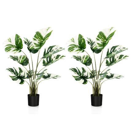 Front. Gymax - Gymax 4FT Artificial Monstera Deliciosa Tree 2-Pack Fake Plant Faux Tree for Decor - Green + White + Black.