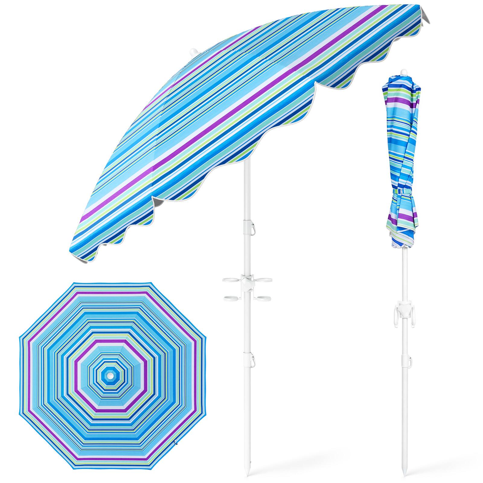 Costway - 6.5 FT Beach Umbrella with Tilt & Sand Anchor, UPF 50+ Sun Protection, Cup Holders - Blue Stripe