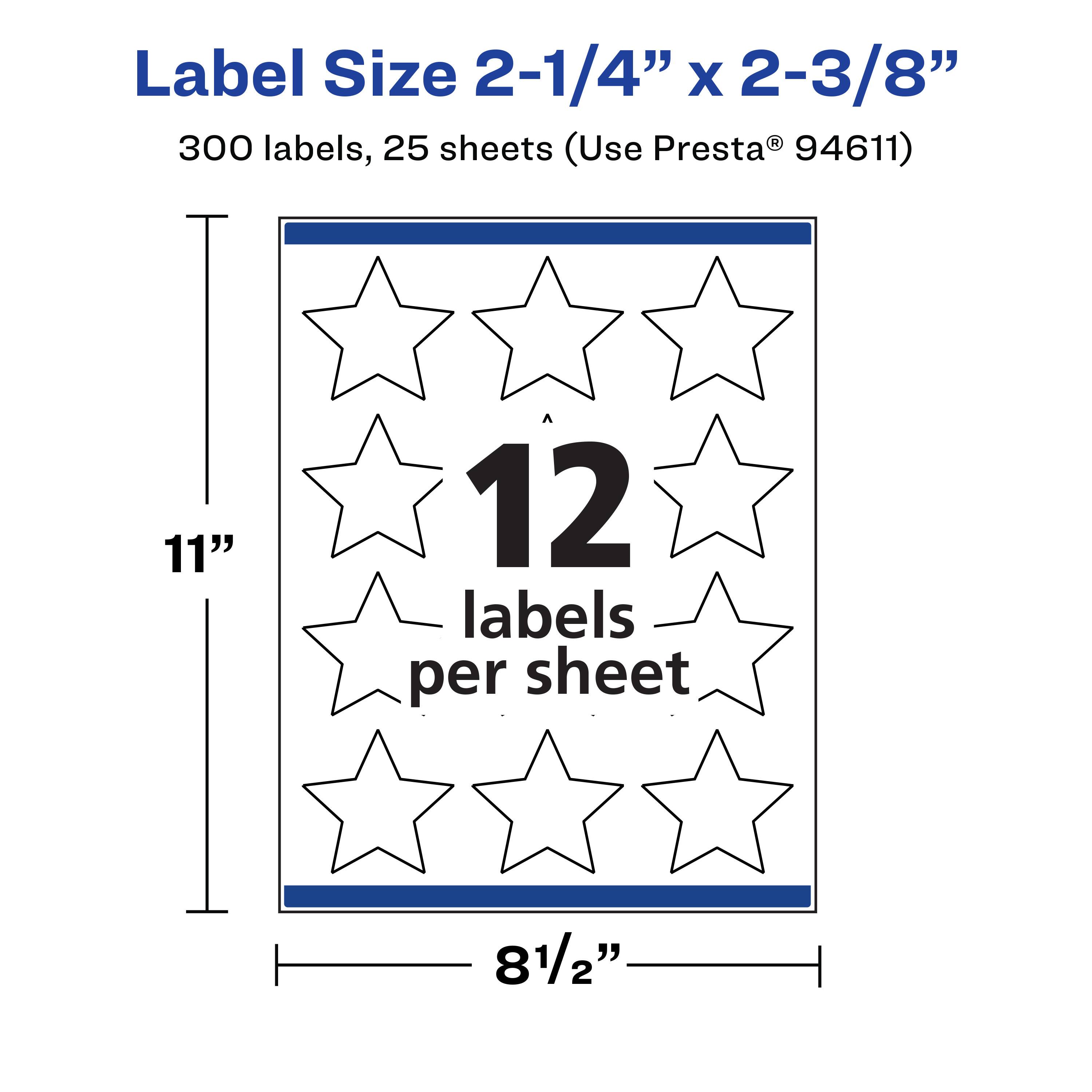 Label Size 2-1/4" x 2-3/8"  
300 labels, 25 sheets (Use Presta® 94611)  
11"  
12 labels per sheet  
8 1/2"