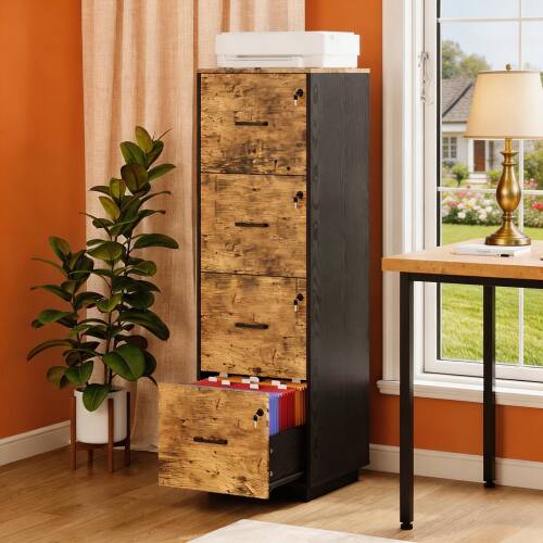 Alt View 7. Winado - Mobile 4-Drawers Tall File Cabinet with Independent Locks, Letter-Size Hanging Anti-Tip for Home Office Space-Saving - Rustic Brown.