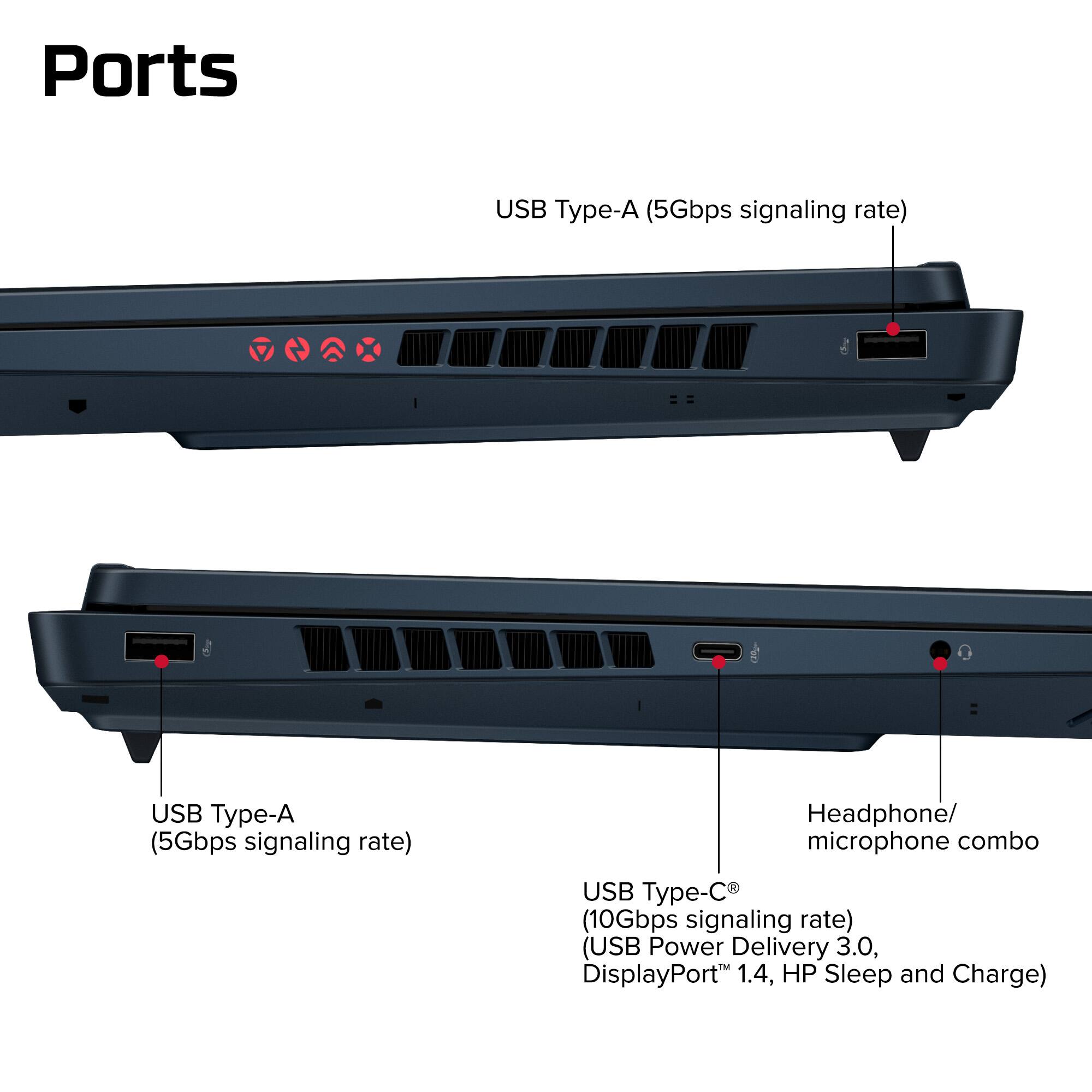 Ports
- USB Type-A (5Gbps signaling rate)
- USB Type-A (5Gbps signaling rate)
- Headphone/ microphone combo
- USB Type-C (10Gbps signaling rate) (USB Power Delivery 3.0, DisplayPort 1.4, HP Sleep and Charge)