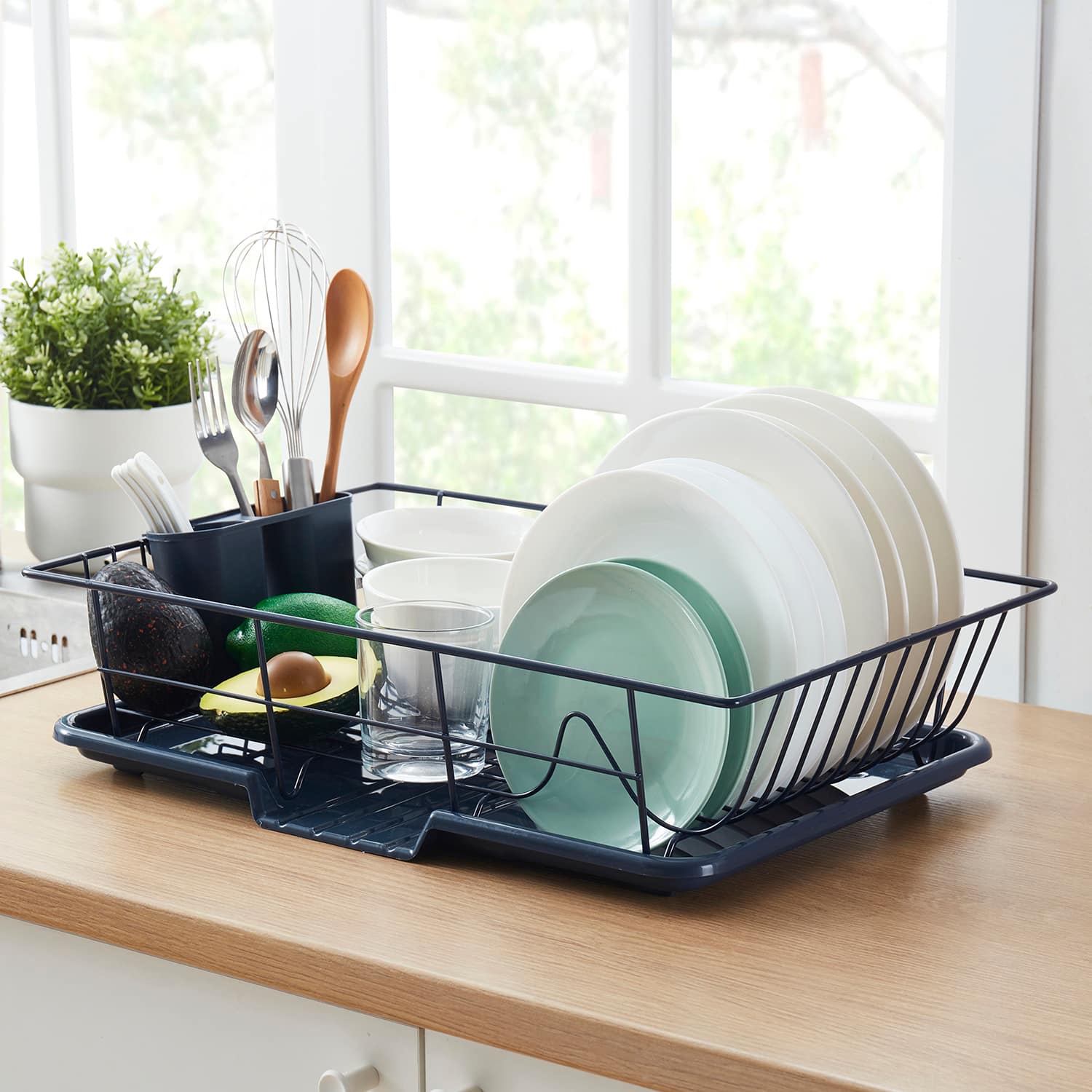 Front. Sweet Home Collection - Steel 3-Piece Large Countertop Dish Drainer with Drain Board & Utensil Holder - Navy.
