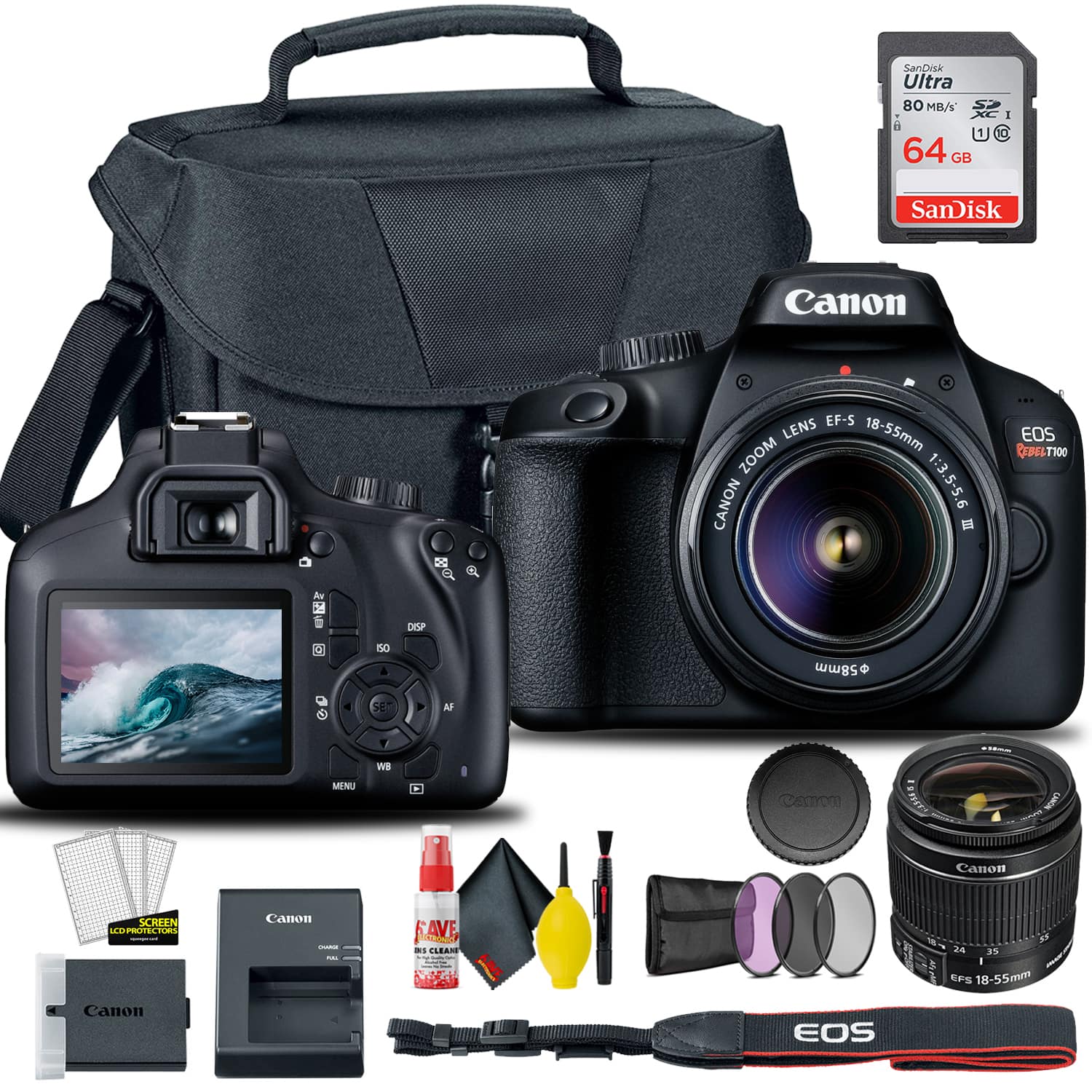 Canon - EOS 4000D / Rebel T100 DSLR Camera with 18-55mm Lens 58mm Filters Bundle (International Version)