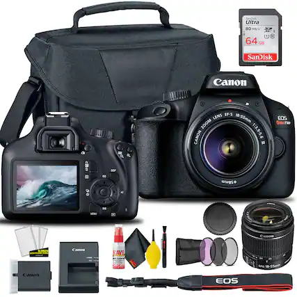 Sandisk Ultra 80 MB/s 64 GB
SanDisk Canon EF-S LENS 18-55mm ZOOM CANON 1:3.5-5.6
Canon EOS REBEL T100
Canon SCREEN LCD PROTECTOR
Canon CAMERA CLEANING KIT
Canon CAMERA STRAP
Canon CAMERA BAG
Canon CAMERA LENS CAP
Canon CAMERA FILTERS
Canon CAMERA CLEANING SOLUTION
Canon CAMERA LENS