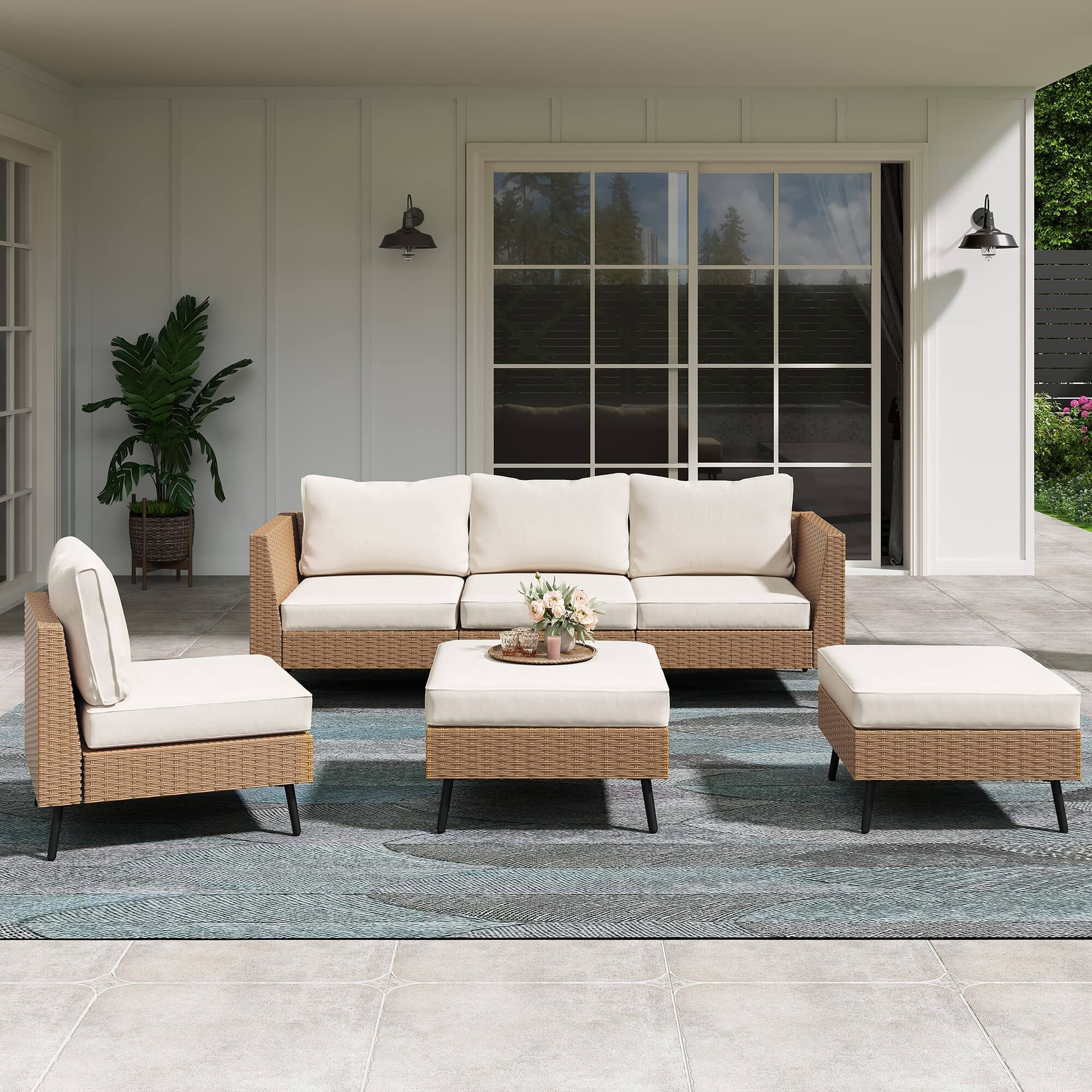 Angle. Yardgrace - Yardgrace 6 pieces patio furniture set rattan outdoor conversation sofa sets Complete Modular Sectional for Pati - Beige.