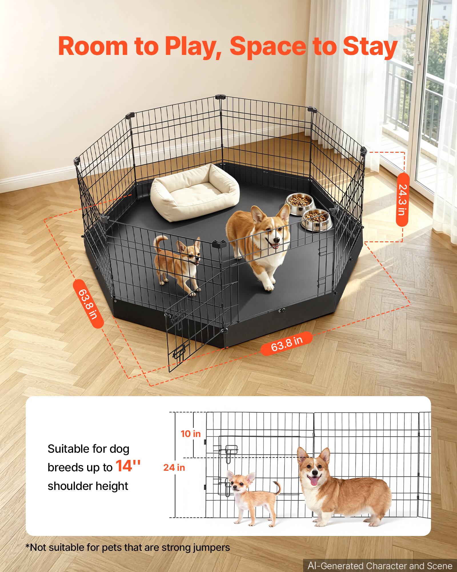 Room to Play, Space to Stay

24.3 in  
63.8 in  
63.8 in

Suitable for dog breeds up to 14" shoulder height

10 in  
24 in

*Not suitable for pets that are strong jumpers

AI-Generated Character and Scene