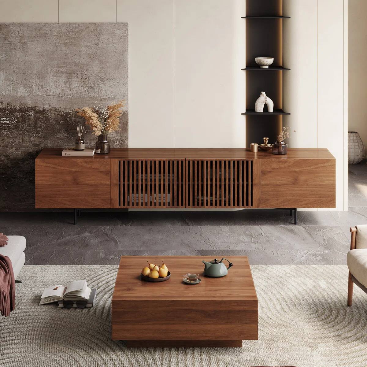 Alt View 10. luck idea - 94.48" Fluted Wood TV Stand for TVs Up to 100", Modern Media Console with Soft Close Doors, Walnut Entertainment Center - brown.