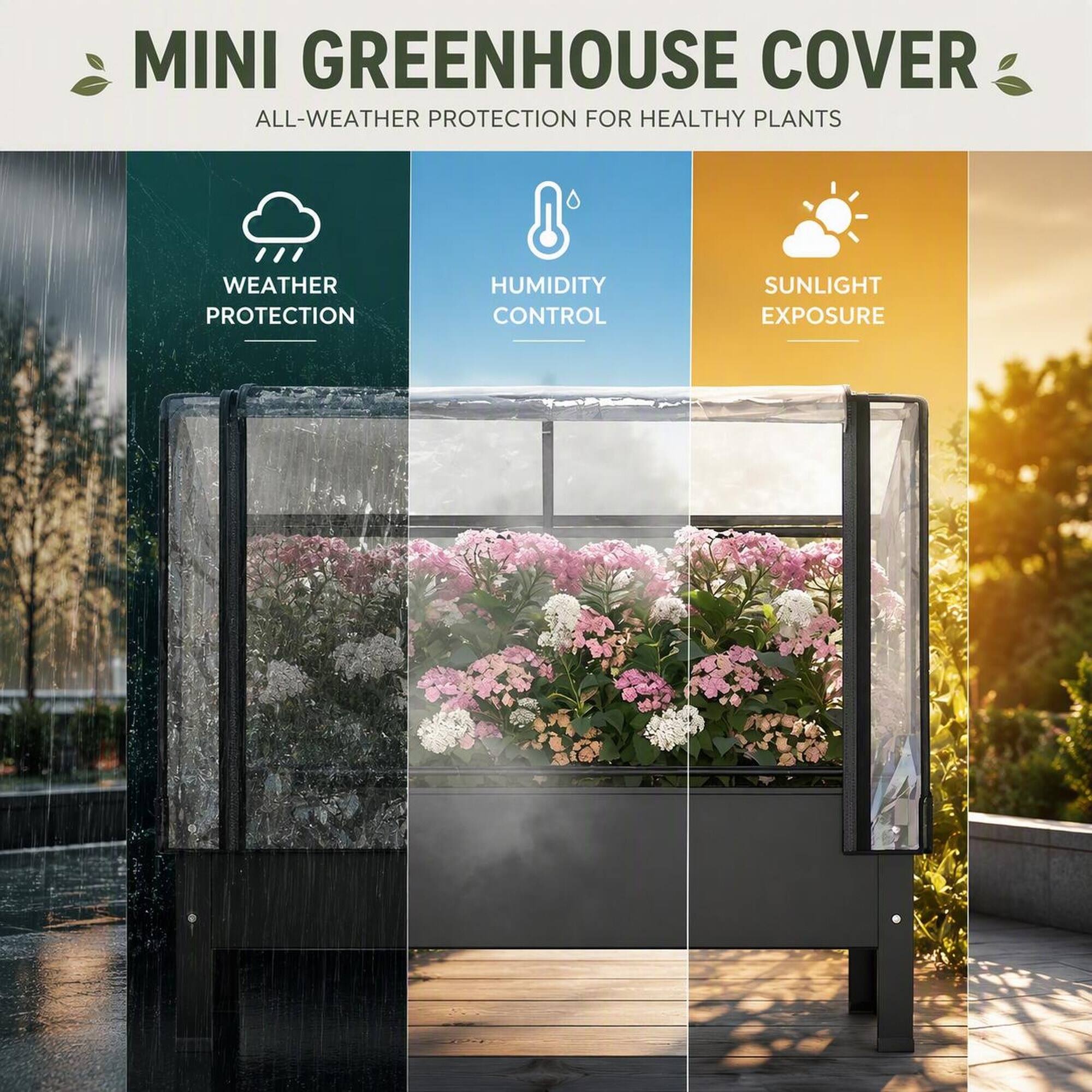 MINI GREENHOUSE COVER  
ALL-WEATHER PROTECTION FOR HEALTHY PLANTS

- WEATHER PROTECTION
- HUMIDITY CONTROL
- SUNLIGHT EXPOSURE