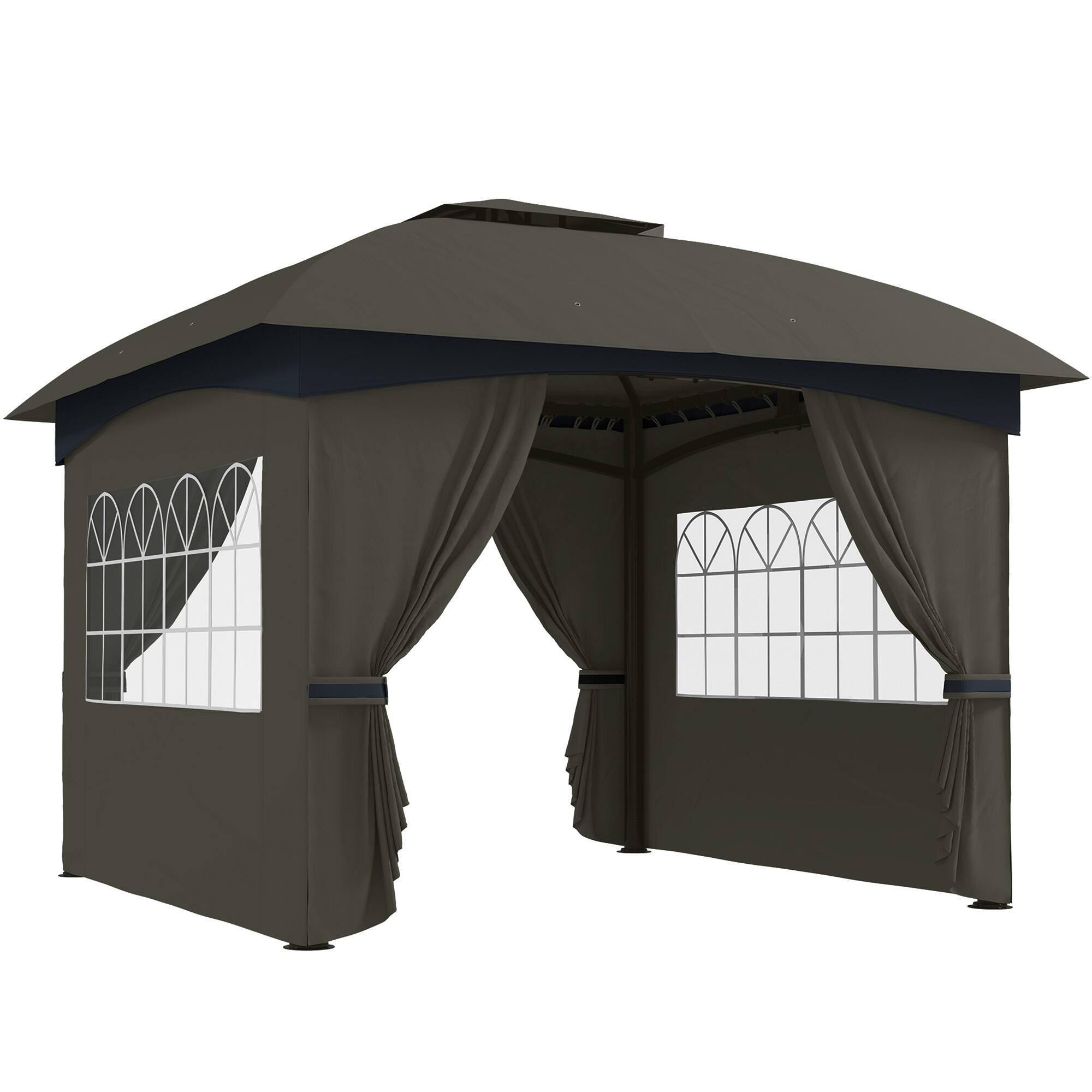 Front. Outsunny -  11' x 11' Outdoor Gazebo, Arc Patio Gazebo Canopy Shelter, UV Protected, with Curtains, Church Windows - Dark Gray.