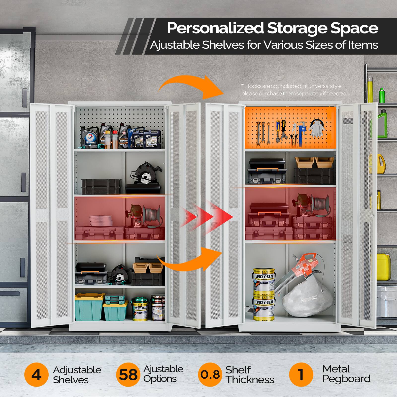 Personalized Storage Space  
Adjustable Shelves for Various Sizes of Items  

*Hooks are not included. ft universal style, please purchase them separately if needed.  

4 Adjustable Shelves  
58 Adjustable Options  
0.8 Shelf Thickness  
1 Metal Pegboard