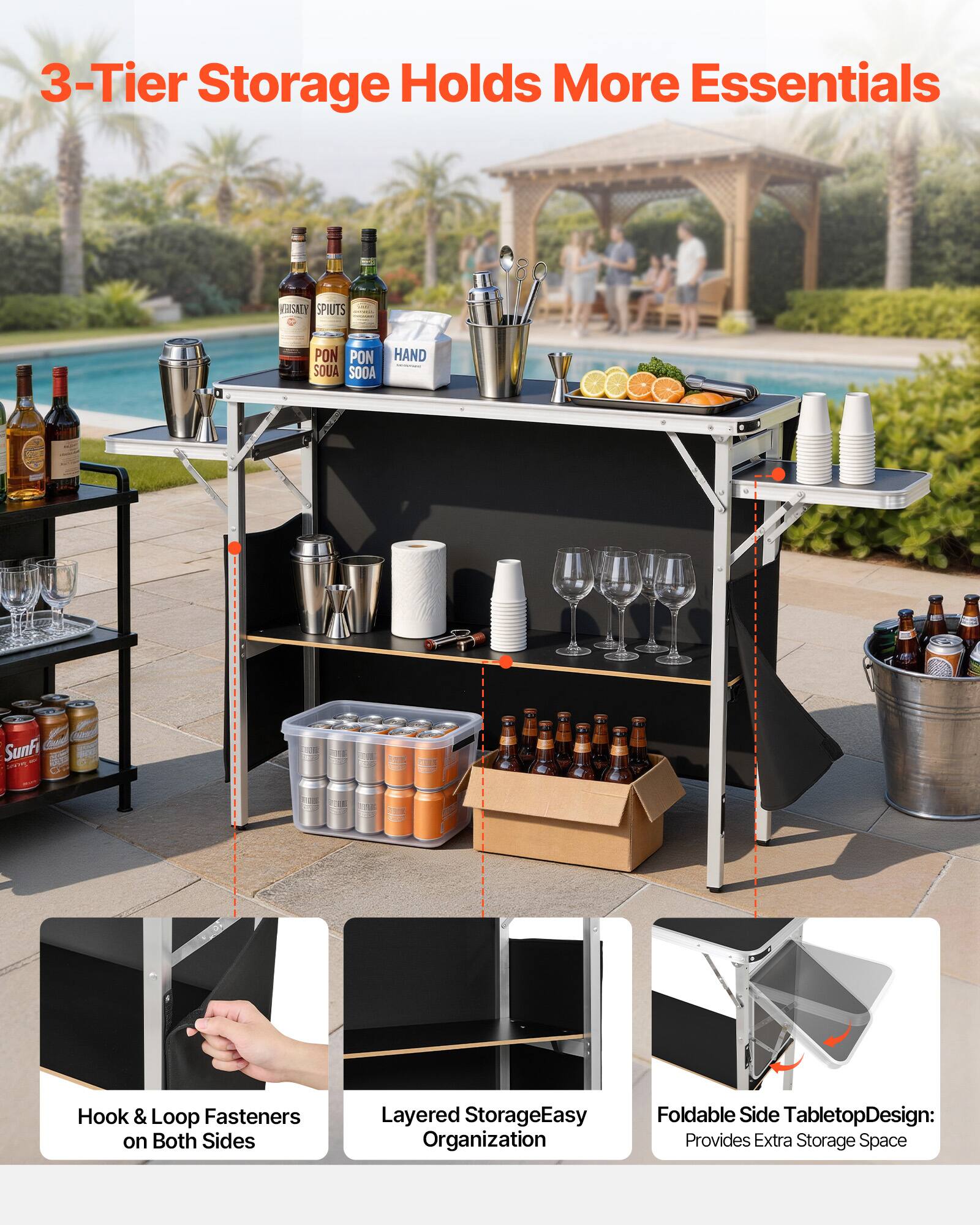 3-Tier Storage Holds More Essentials

- Hook & Loop Fasteners on Both Sides
- Layered StorageEasy Organization
- Foldable Side TabletopDesign: Provides Extra Storage Space