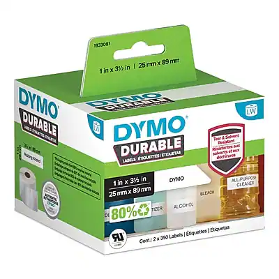 1933081 x 89 mm | 25 mm x 3/2 in 1 in DYMO DURABLE ta7 LN DYMO Solvent Tear & Resistant DURABLE Avoistantes BLX tim et Bx Azzr ETIQUETAS solvants ENQUETTES dchinures Acthno LABELS 3/2 in DYMO ALL-PURPOSE 1 in x 89 mm 25 mm BLEACH TIZER ALCOHOL DI 80% tiquettes Etiquetas UR 350 Labels Cont: 2 x 350 Labels