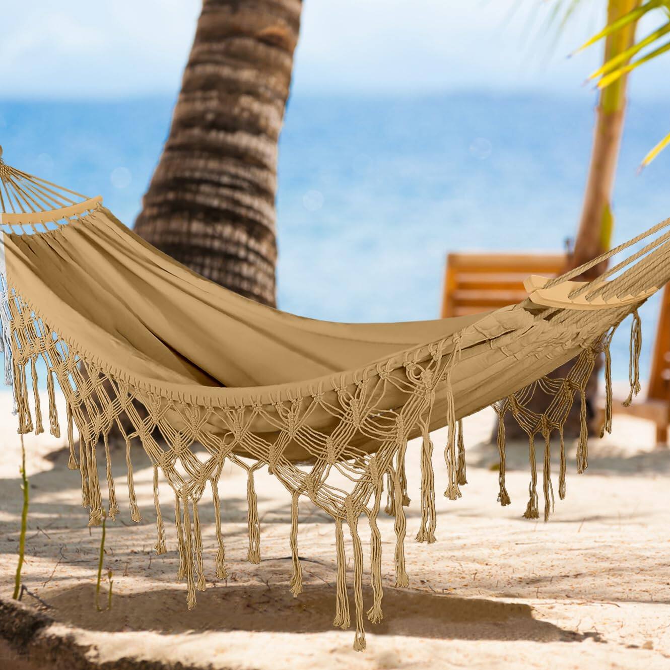 Alt View 3. JETRANSPORT - Backyard Hammock With Tassels Max 500lbs Canvas Fabric Bohemian Style Thickened Rope And Carry Bag For - White.