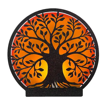 Front. Zeckos - Tree of Life Metal Accent Light - 8" Plug-In Table Lamp - Orange.