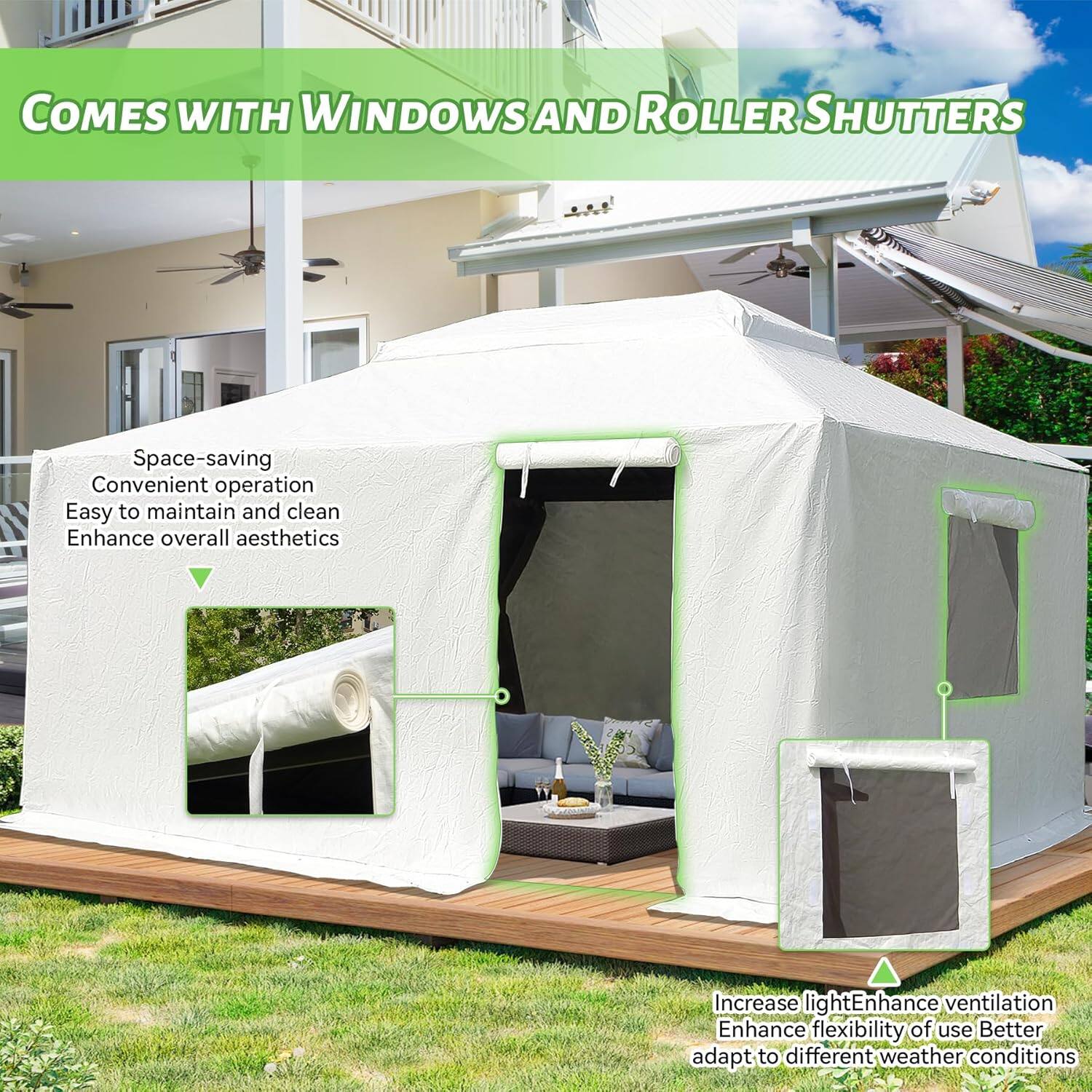 COMES WITH WINDOWS AND ROLLER SHUTTERS

Space-saving  
Convenient operation  
Easy to maintain and clean  
Enhance overall aesthetics  

Increase light  
Enhance ventilation  
Enhance flexibility of use  
Better adapt to different weather conditions