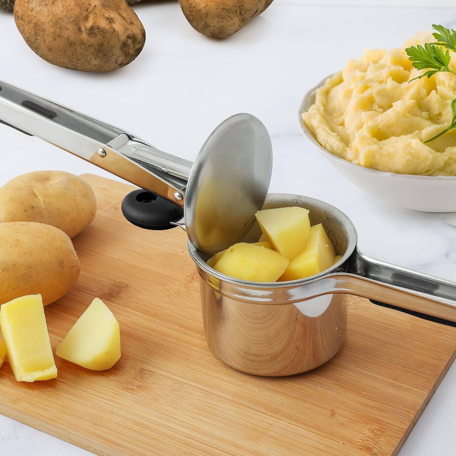 Angle. Zulay Kitchen - Zulay Kitchen Large 15oz Potato Ricer - Heavy Duty Stainless Steel Potato Masher and Ricer for Mashed Potatoes - Silver.