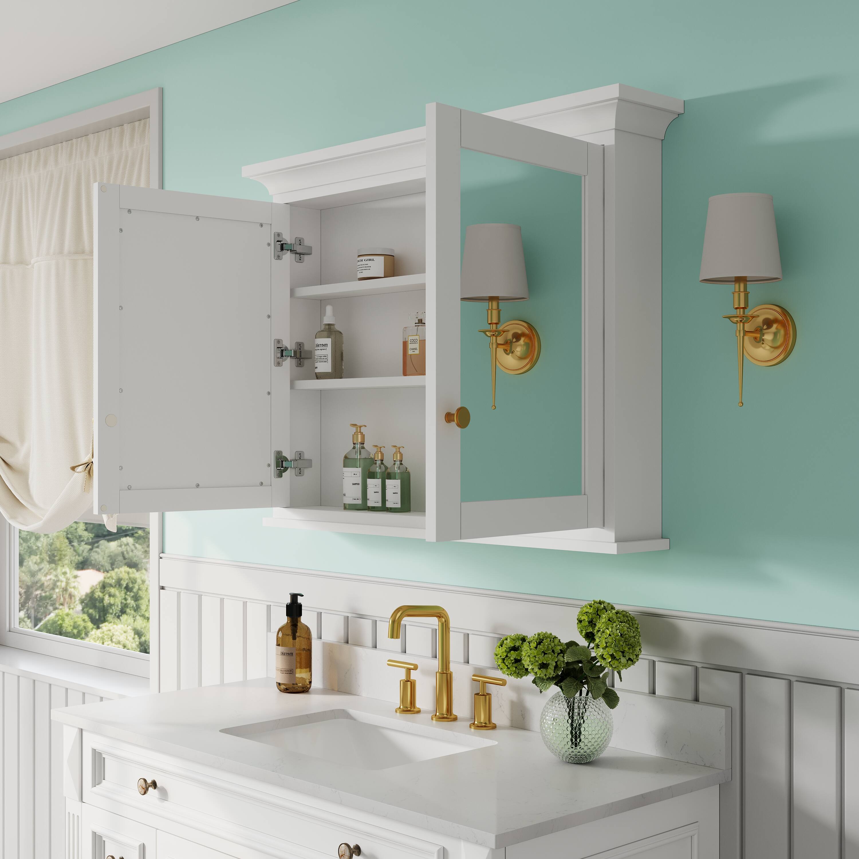 Left. WELLFOR - 40 in. W x 30 in. H Solid Wood Rectangular Surface Mount Medicine Cabinet with Mirror, Soft Close Door - White.