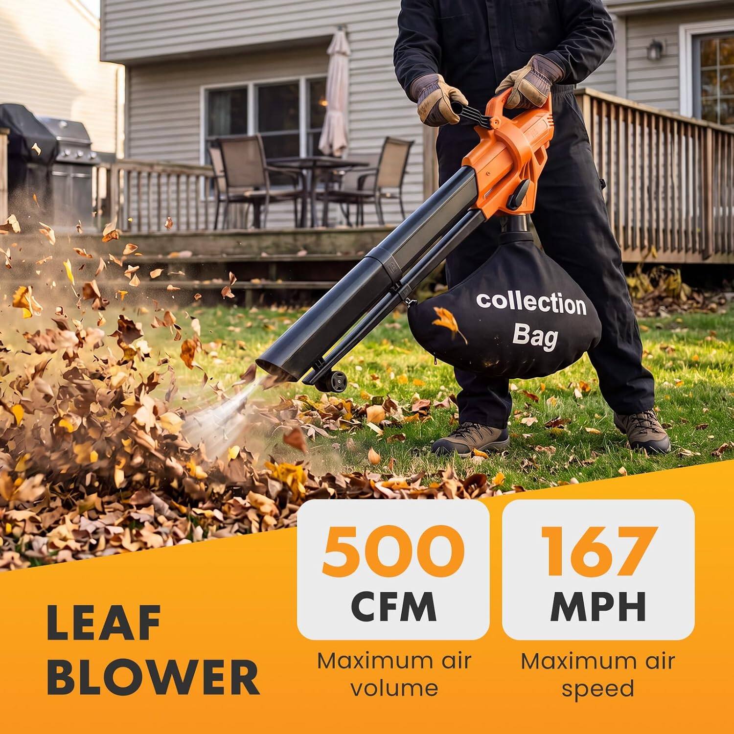 collection Bag

500 CFM
167 MPH

LEAF BLOWER

Maximum air volume
Maximum air speed