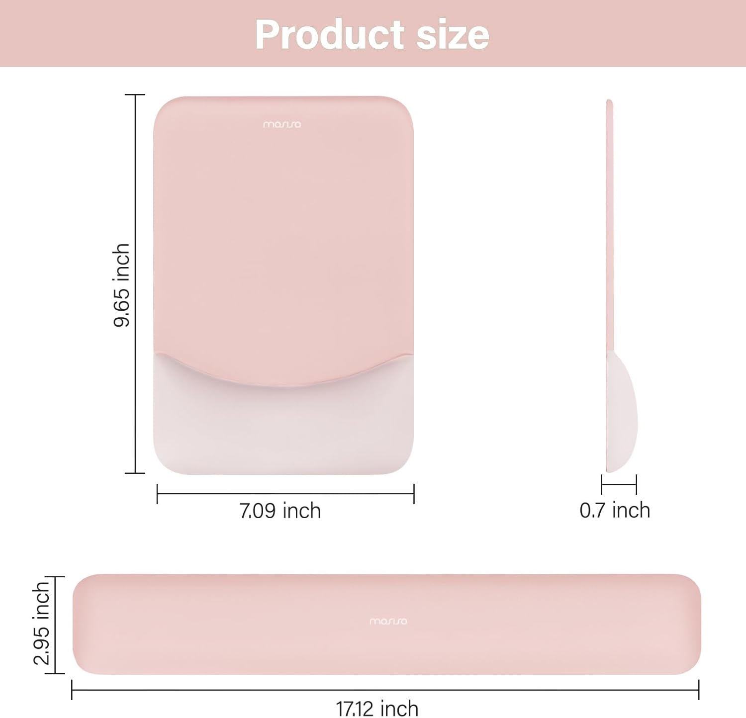 Product size: 9.65 inch x 7.09 inch x 0.7 inch, 2.95 inch x 17.12 inch