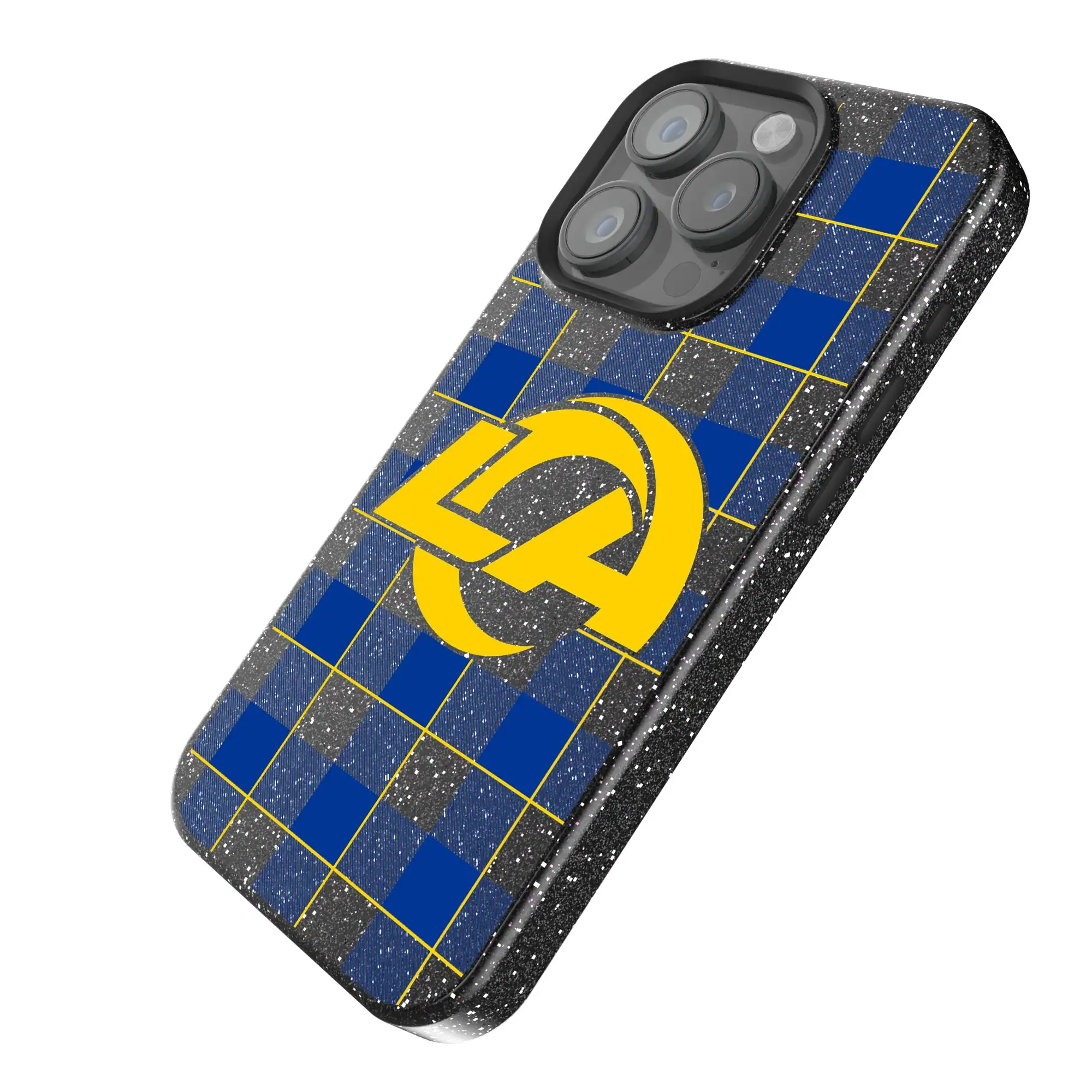Alt View 1. Keyscaper - Los Angeles Rams Plaid Bling iPhone Case - 14 Pro Max - Black.