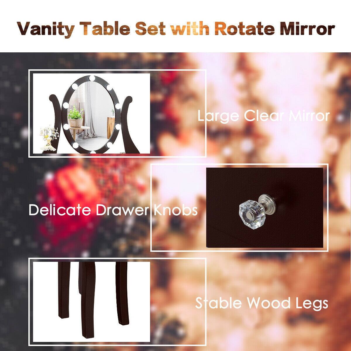 Vanity Table Set with Rotate Mirror

- Large Clear Mirror
- Delicate Drawer Knobs
- Stable Wood Legs