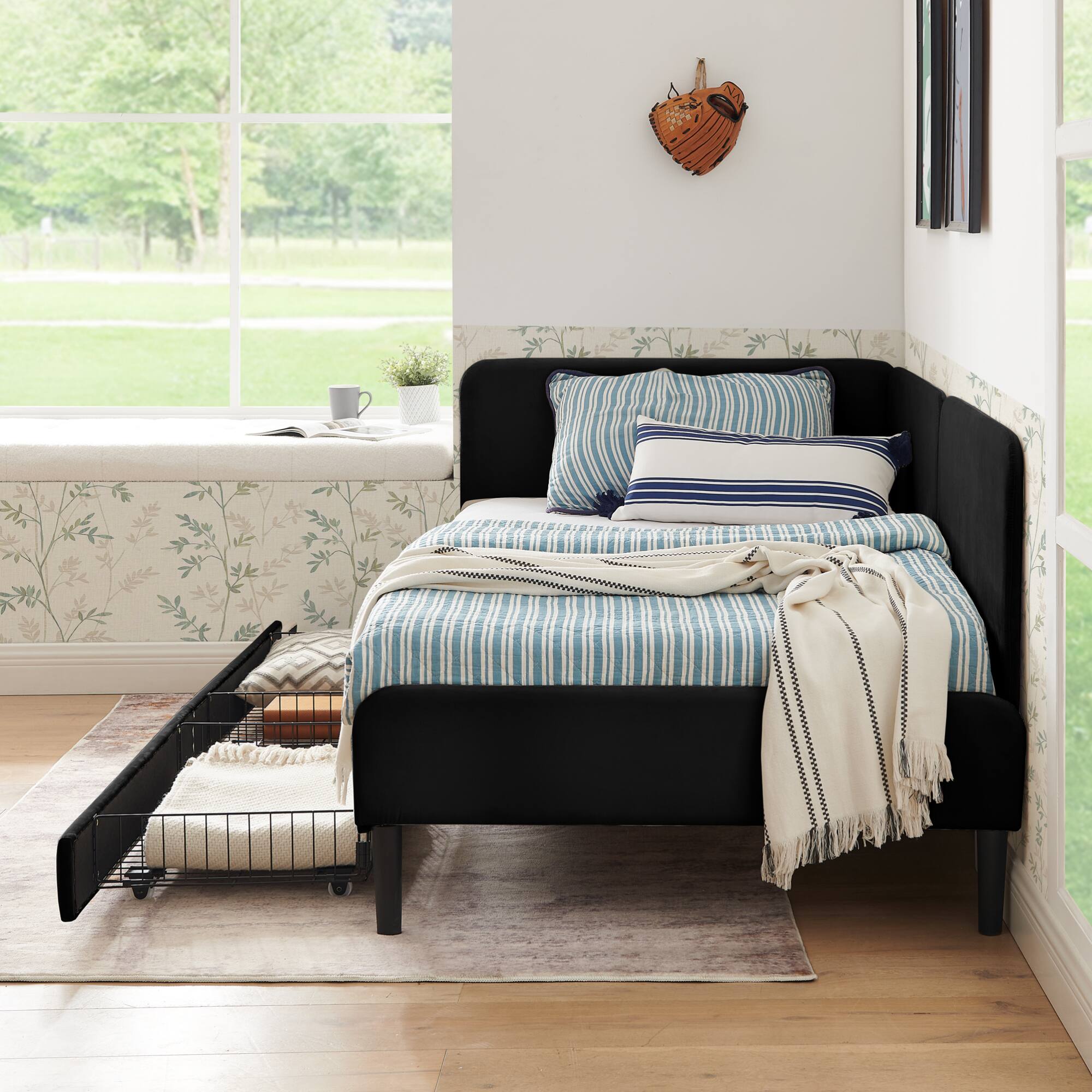 Back. GOODSILO - Twin Size Upholstered Platform Sofa Bed Frame with Dual Storage Drawers for Space Saving Solutions - Black.
