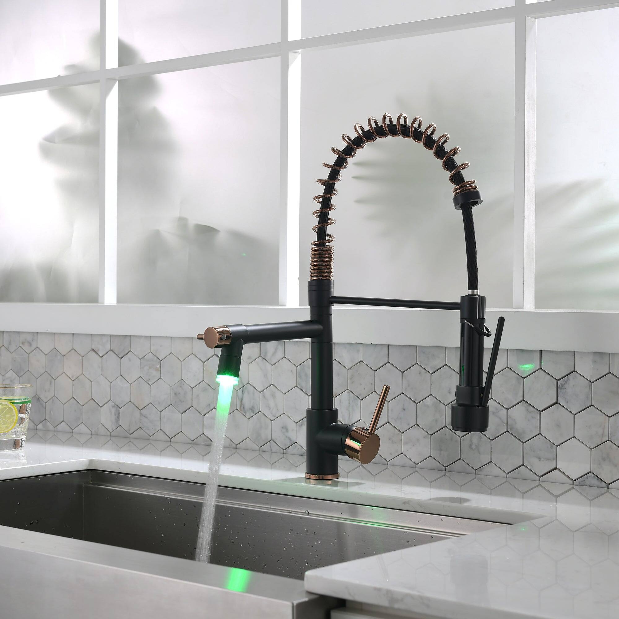 Alt View 5. Boyel Living - Matte Black Rose Gold Single Handle Pull Down Sprayer Kitchen Faucet with LED Light and Pot Filler - Matte Black Mix Rose Gold.