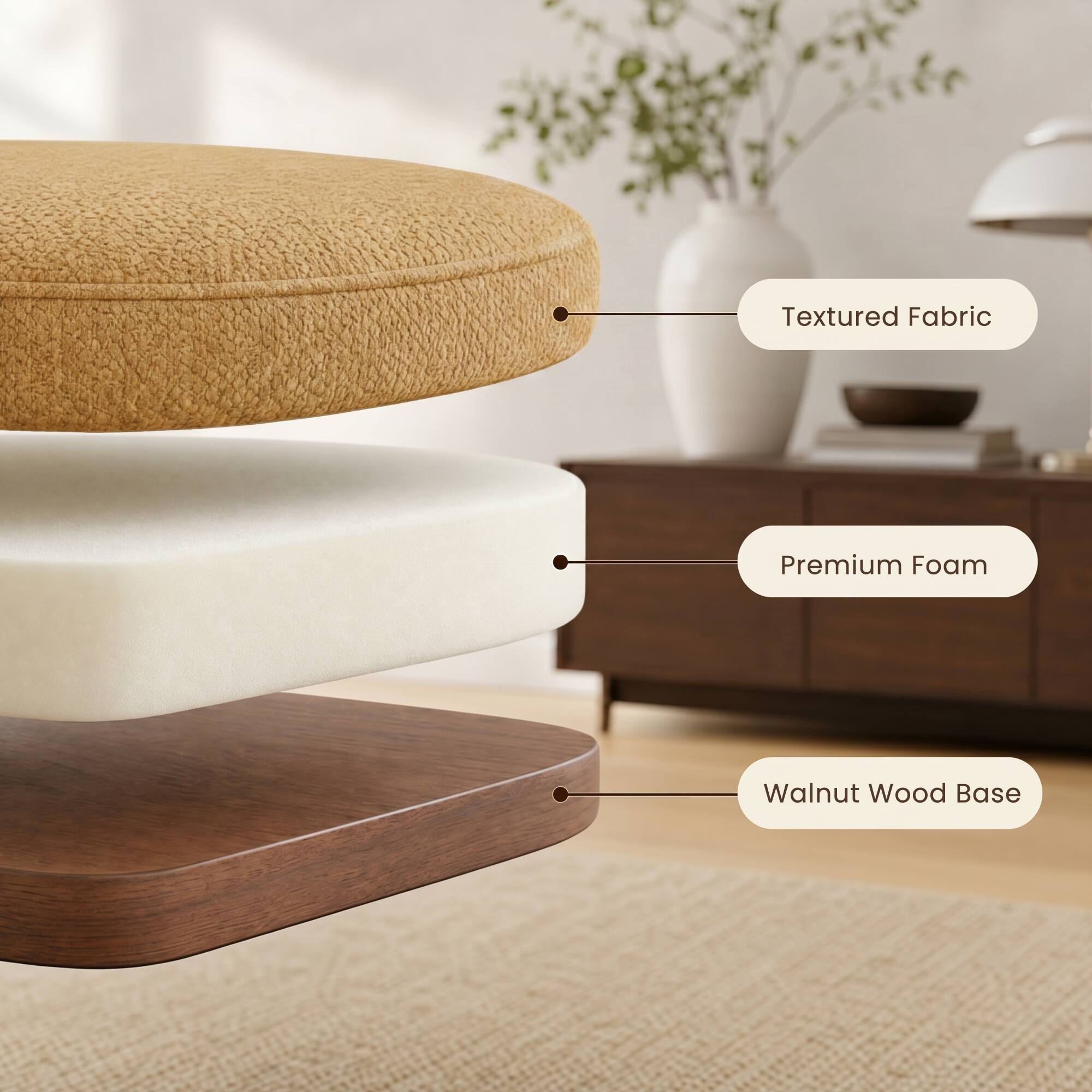 Textured Fabric  
Premium Foam  
Walnut Wood Base