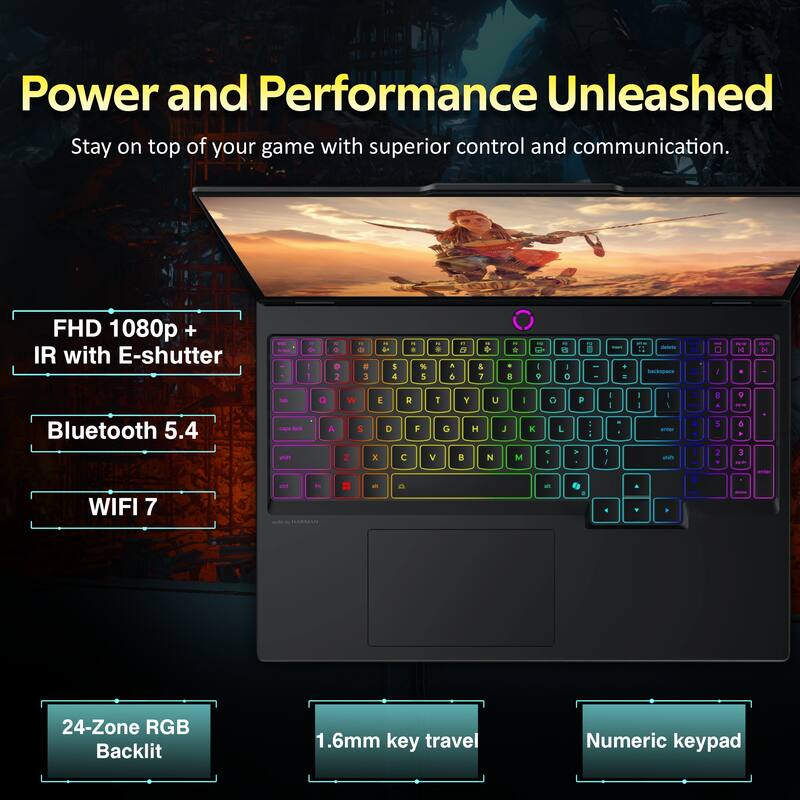 Power and Performance Unleashed  
Stay on top of your game with superior control and communication.

- FHD 1080p + IR with E-shutter
- Bluetooth 5.4
- WIFI 7
- 24-Zone RGB Backlit
- 1.6mm key travel
- Numeric keypad