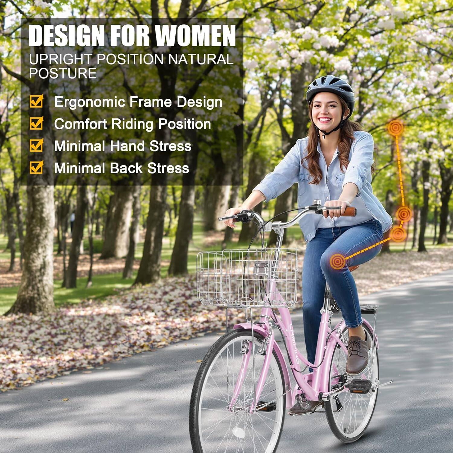 DESIGN FOR WOMEN  
UPRIGHT POSITION NATURAL POSTURE  

- Ergonomic Frame Design  
- Comfort Riding Position  
- Minimal Hand Stress  
- Minimal Back Stress