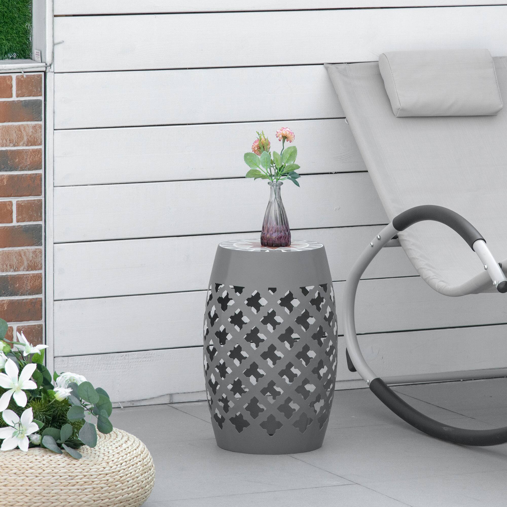 Alt View 1. Outsunny - 12" Patio Round Side Table, Outdoor Footstool, Garden Mosaic Accent Side Table, Plant Stand - Grey.