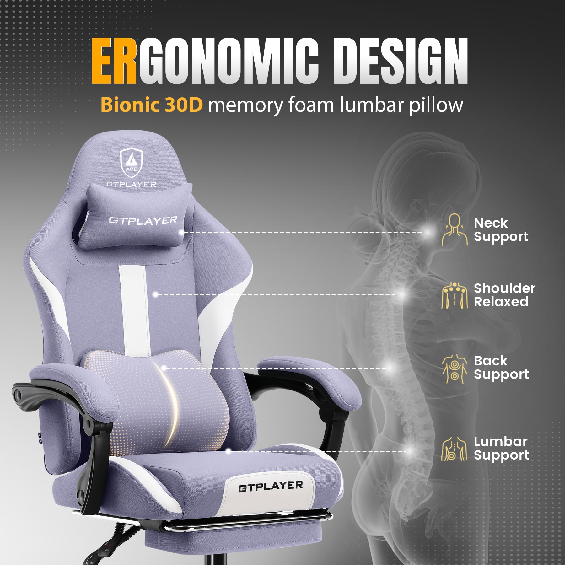 ERGONOMIC DESIGN Bionic 30D memory foam lumbar pillow ACE GTPLAYER GTPLAYER Neck Support Shoulder Relaxed Back Support Lumbar Support GTPLAYER