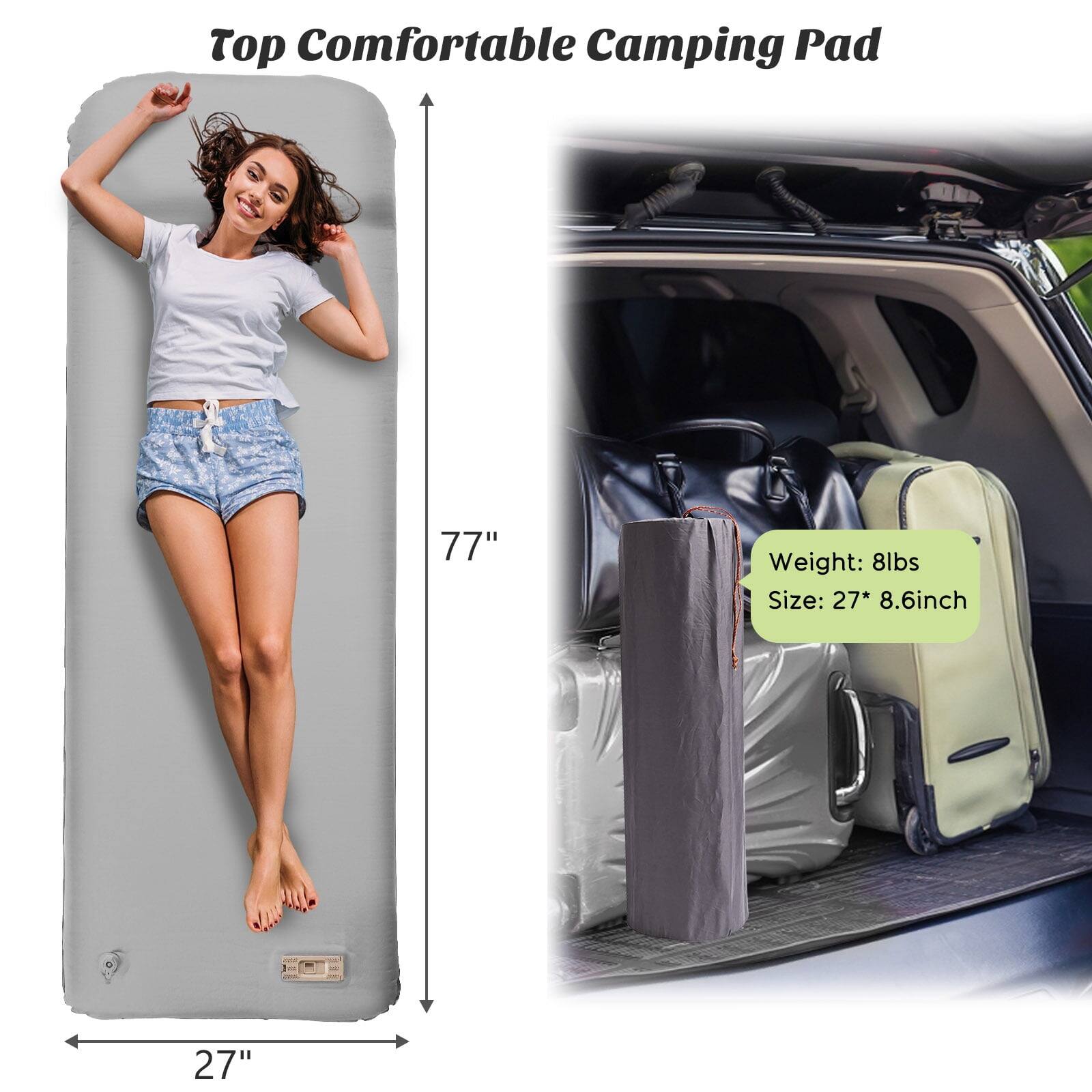 Top Comfortable Camping Pad

Weight: 8lbs
Size: 27" x 8.6"